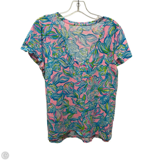 Top Short Sleeve Designer By Lilly Pulitzer In Blue & Pink, Size: L