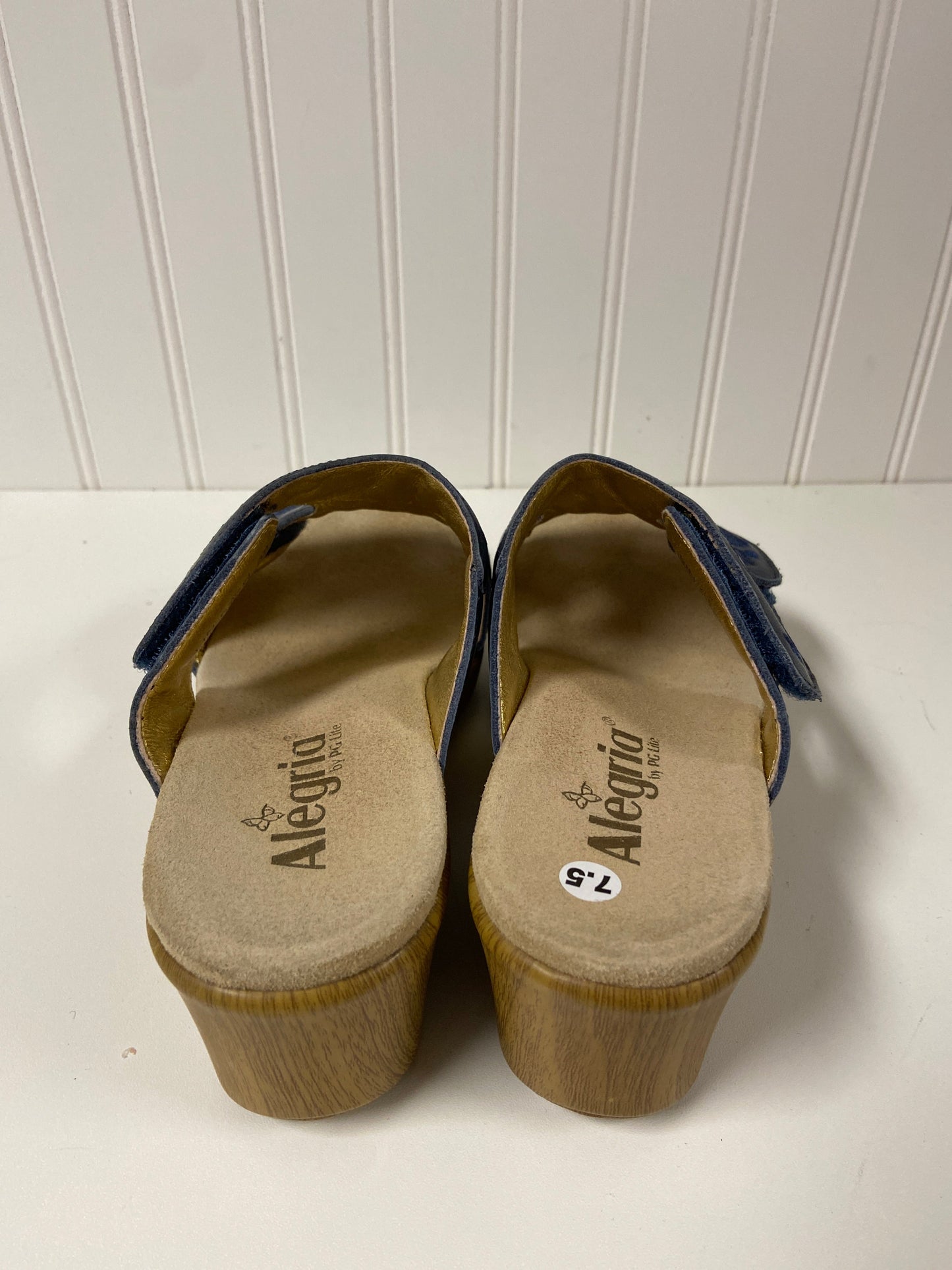 Navy Sandals Heels Wedge Alegria, Size 7.5