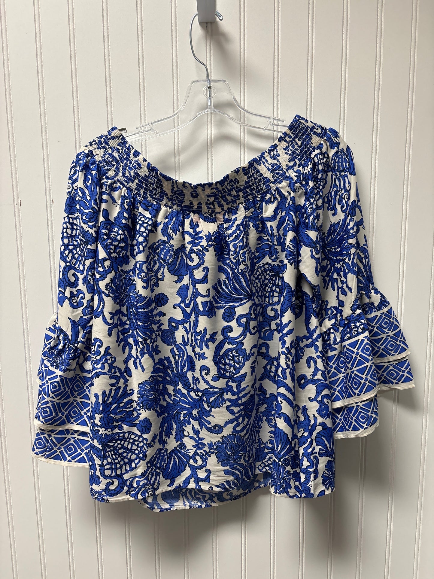 Top Long Sleeve Designer By Lilly Pulitzer In Blue & White, Size: M