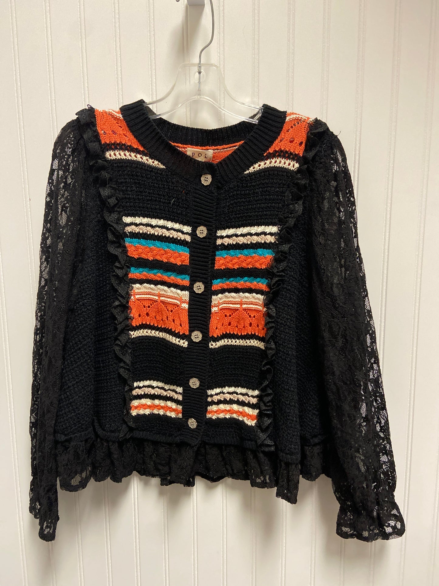 Sweater Cardigan By Pol In Black & Orange, Size: S