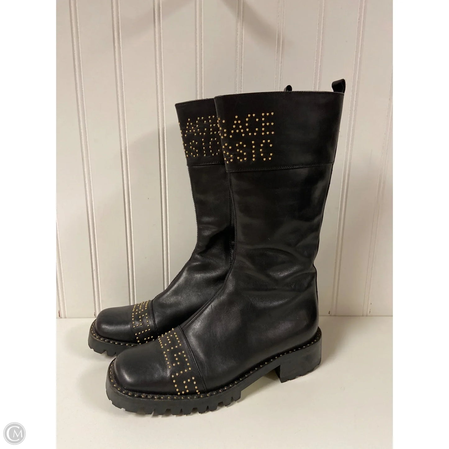 Boots Luxury Designer By Versace In Black, Size: 5