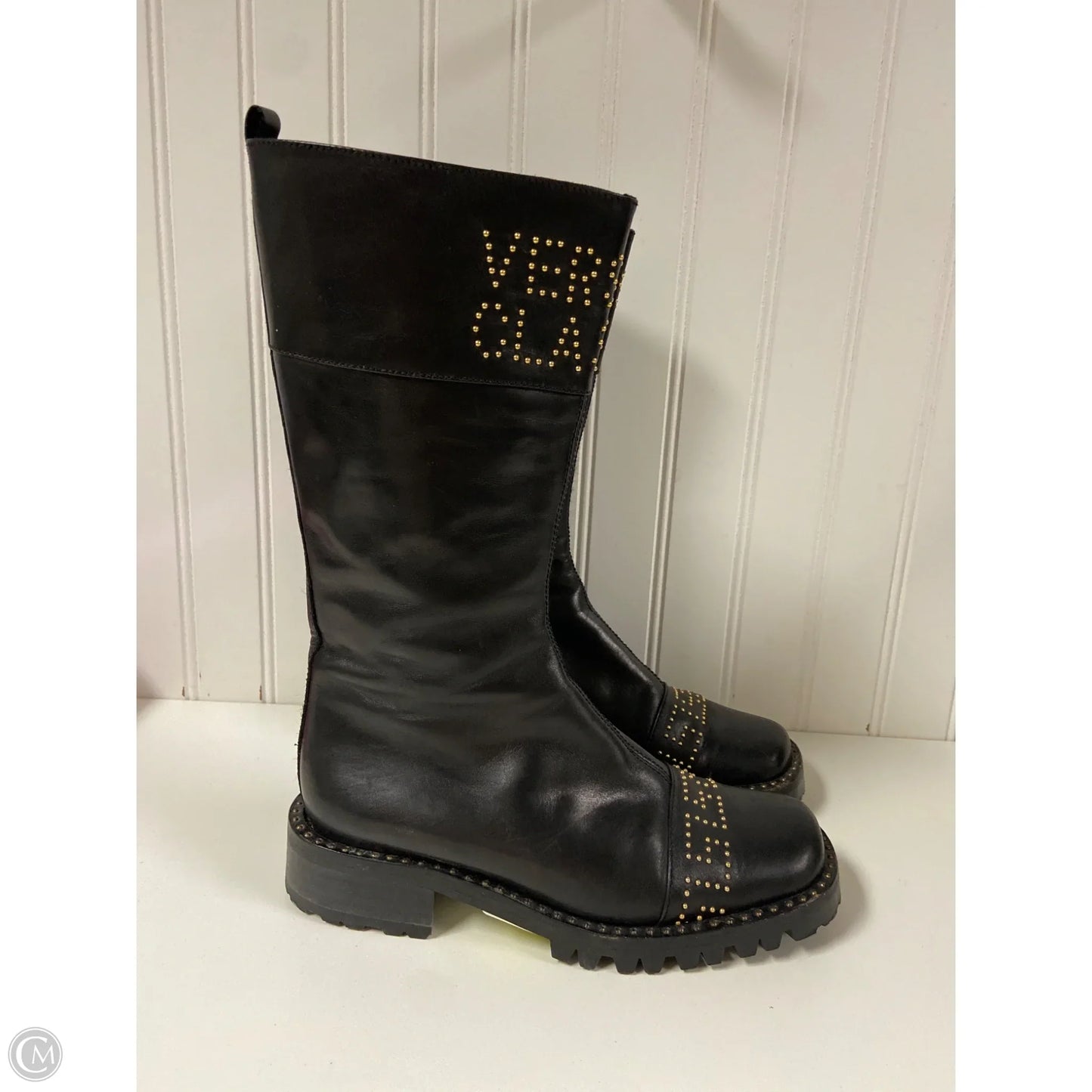 Boots Luxury Designer By Versace In Black, Size: 5