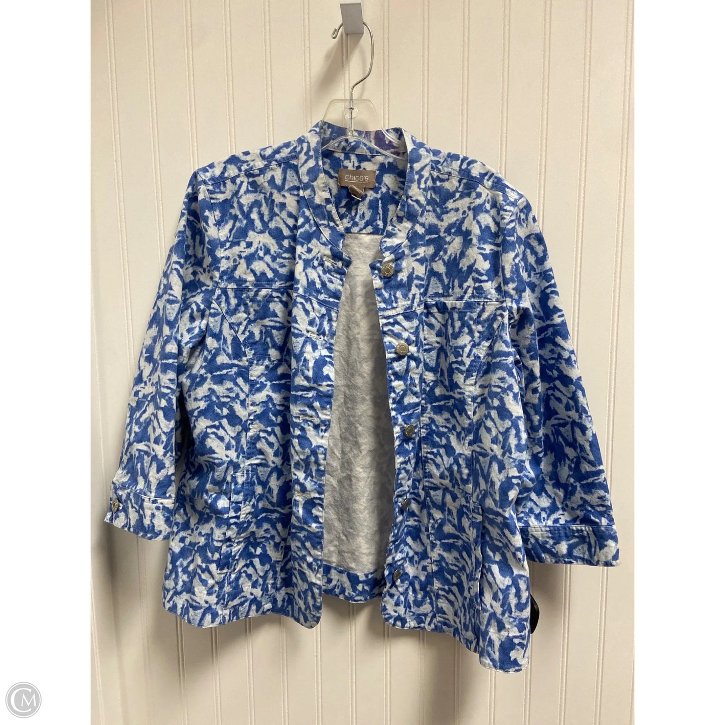 Jacket Shirt By Chicos In Blue & White, Size: L