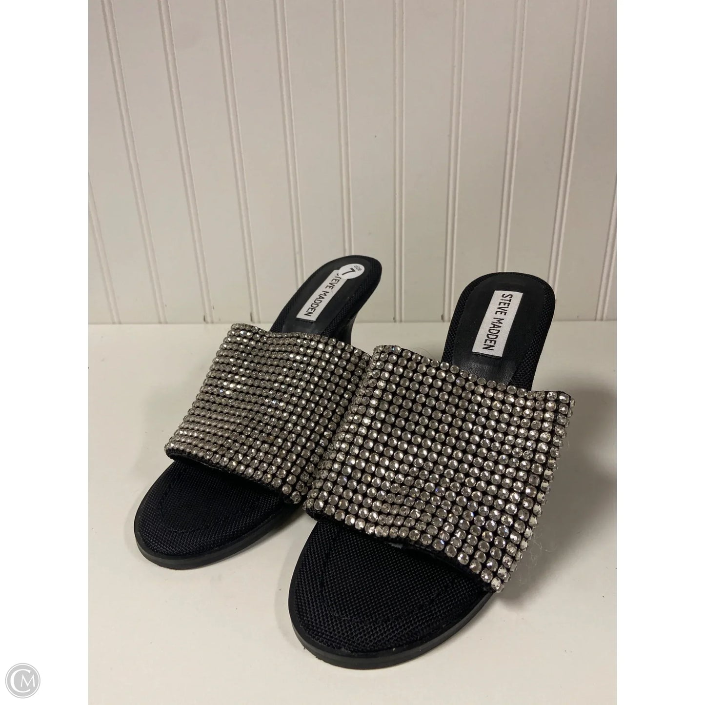 Sandals Heels Stiletto By Steve Madden In Black & Silver, Size: 7