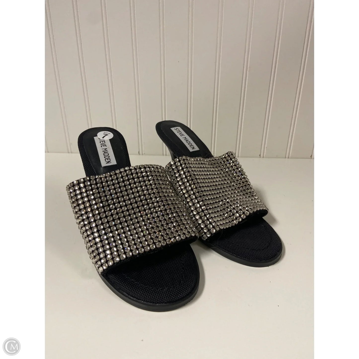 Sandals Heels Stiletto By Steve Madden In Black & Silver, Size: 7