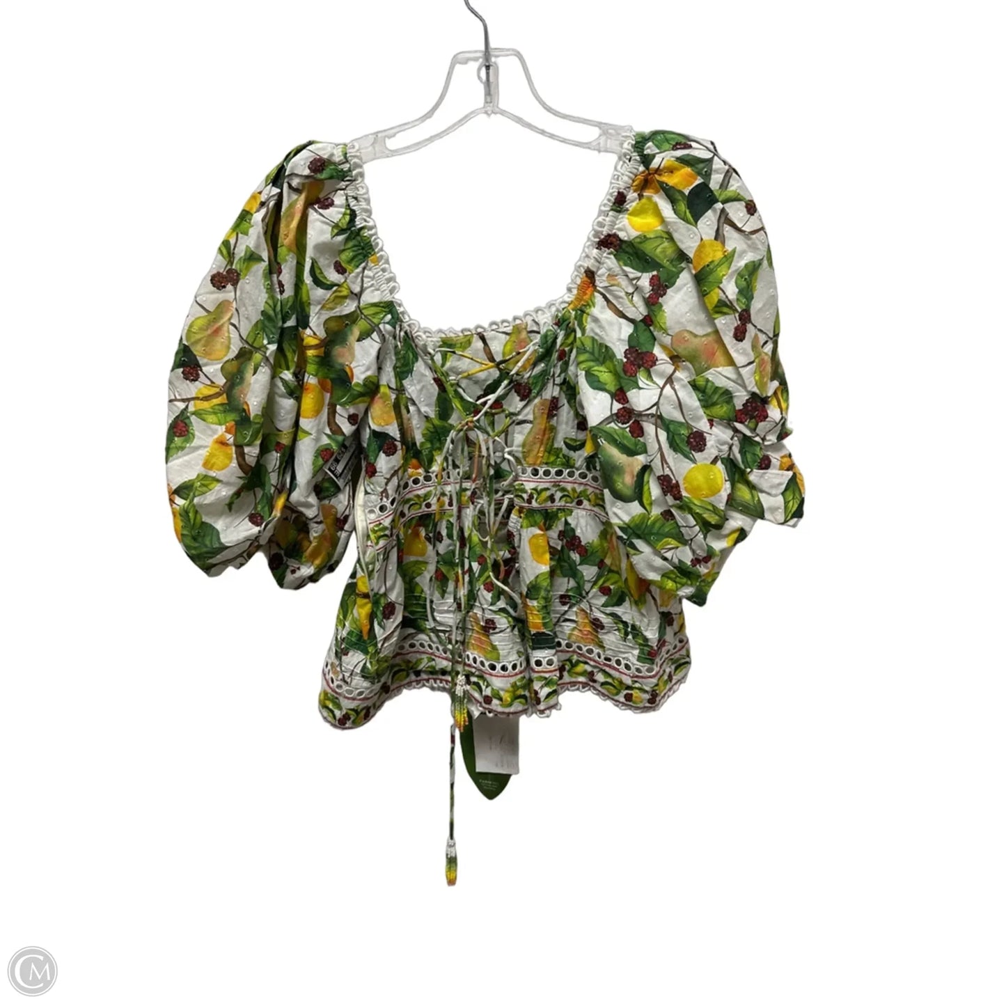 Top Short Sleeve By Farm Rio In White & Yellow, Size: L