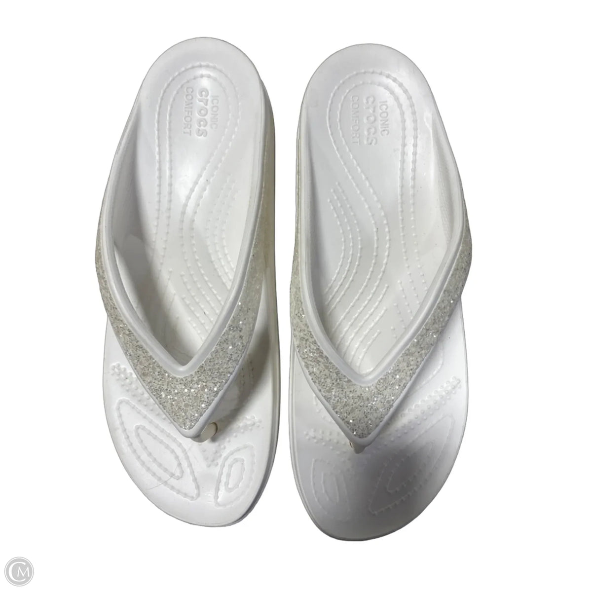 Sandals Flip Flops By Crocs In White, Size: 10