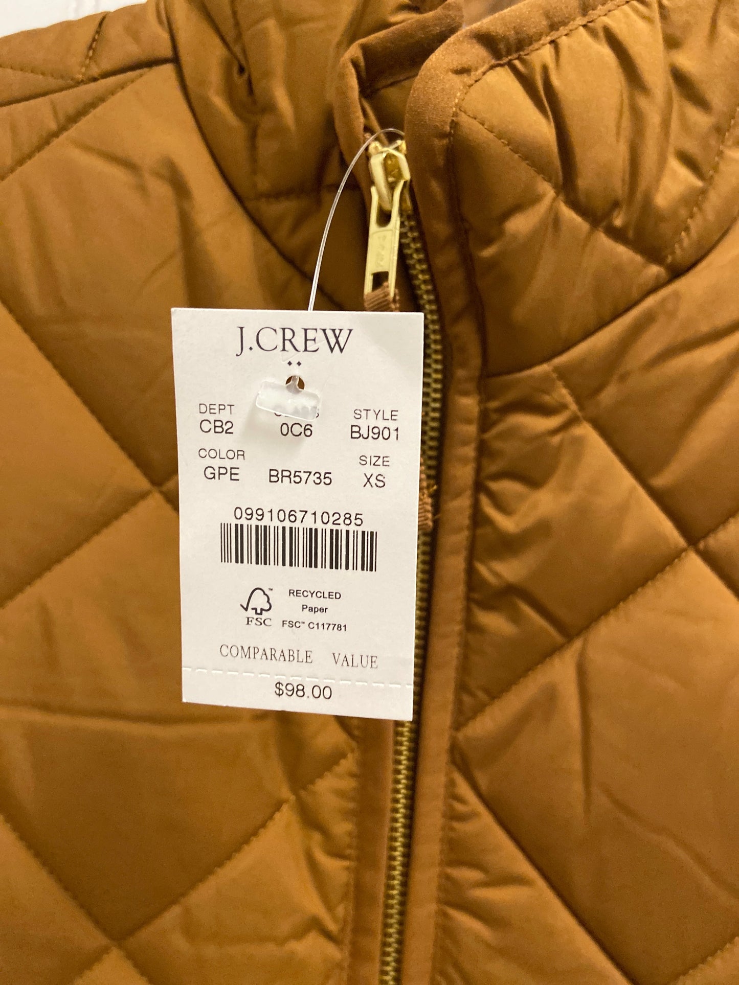 Vest Puffer & Quilted By J. Crew In Tan, Size: Xs