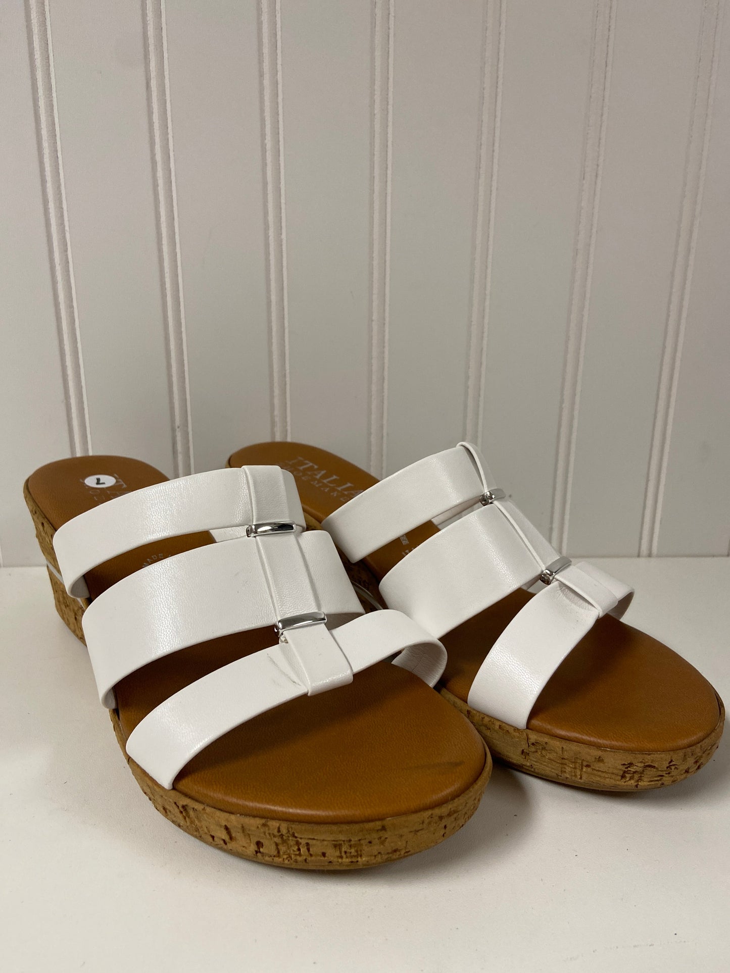White Sandals Heels Wedge Italian Shoemakers, Size 7