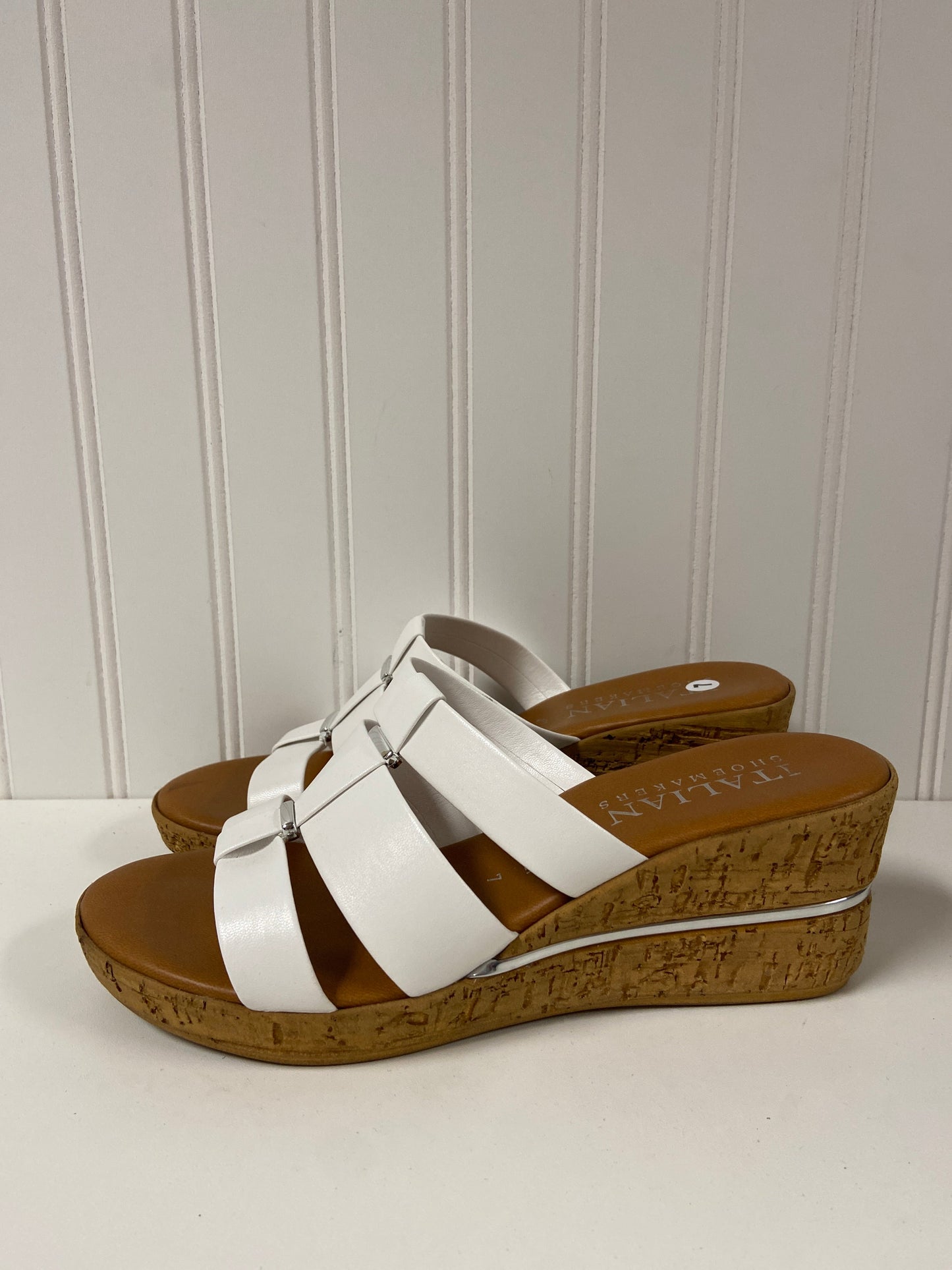 White Sandals Heels Wedge Italian Shoemakers, Size 7