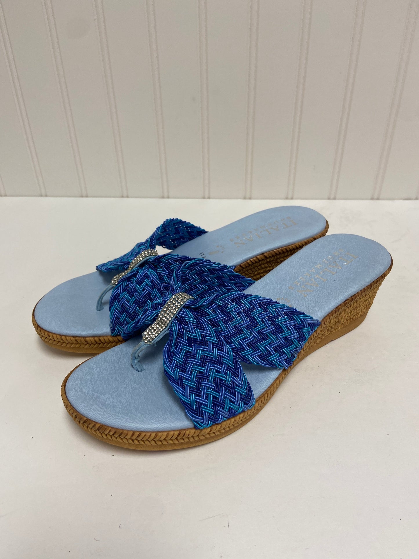 Blue Sandals Heels Wedge Italian Shoemakers, Size 7.5