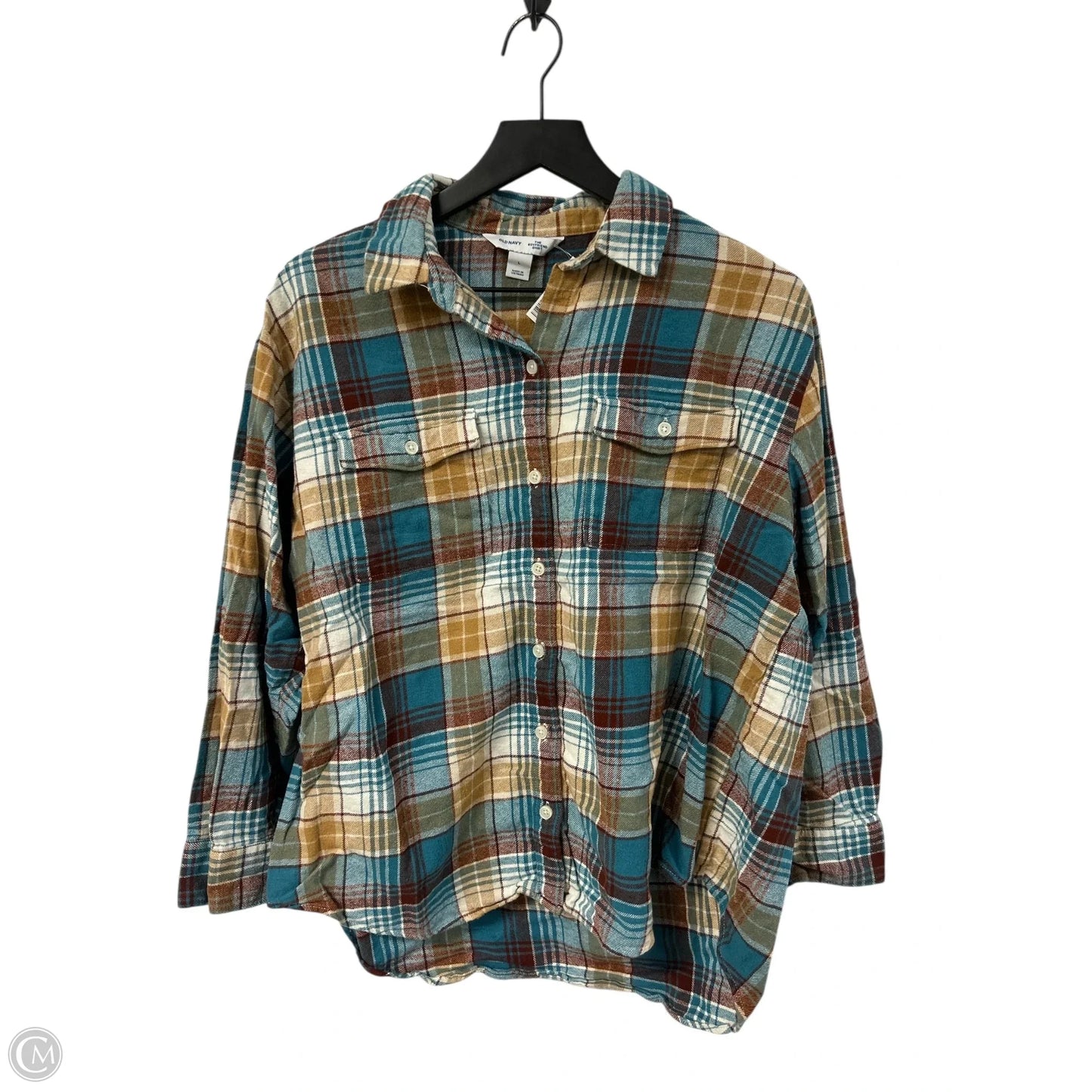 Blouse Long Sleeve By Old Navy In Plaid Pattern, Size: L