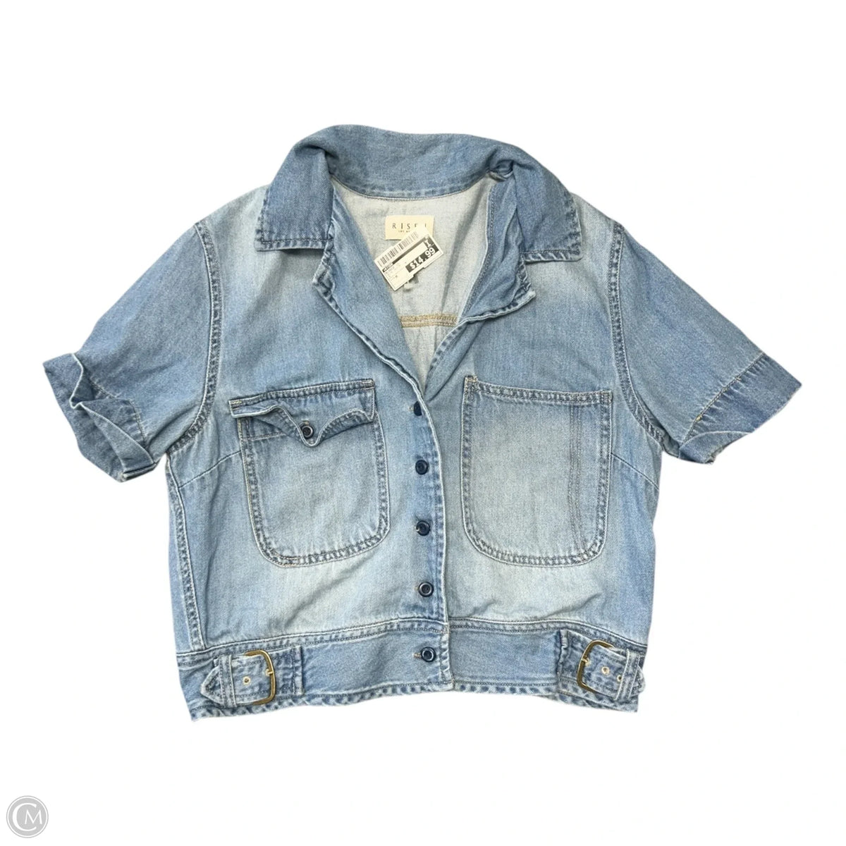 Blouse Short Sleeve By Risen In Blue Denim, Size: M