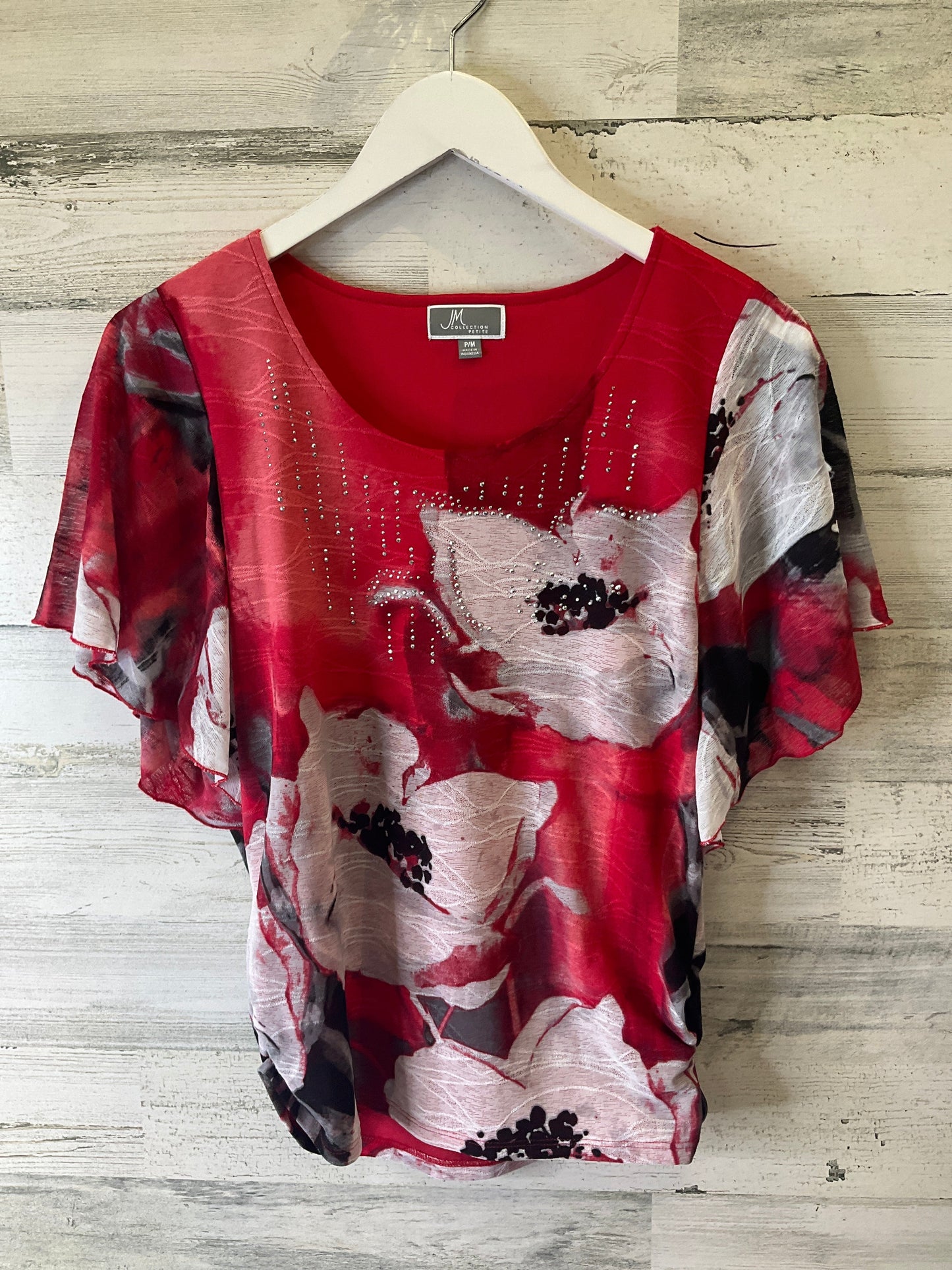 Red & White Top Short Sleeve Jm Collections, Size Petite  M