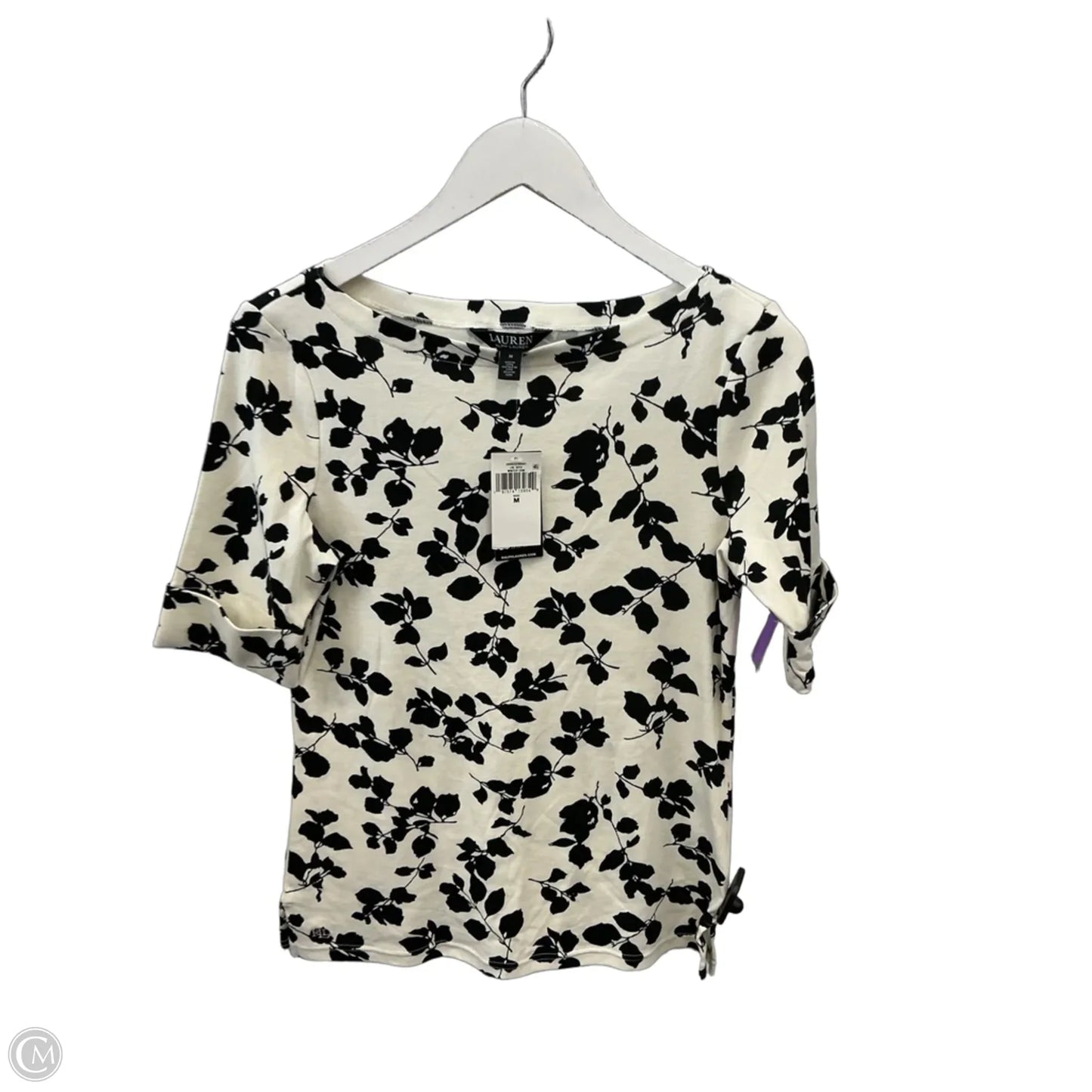 Top Short Sleeve By Lauren By Ralph Lauren In Black & Cream, Size: M
