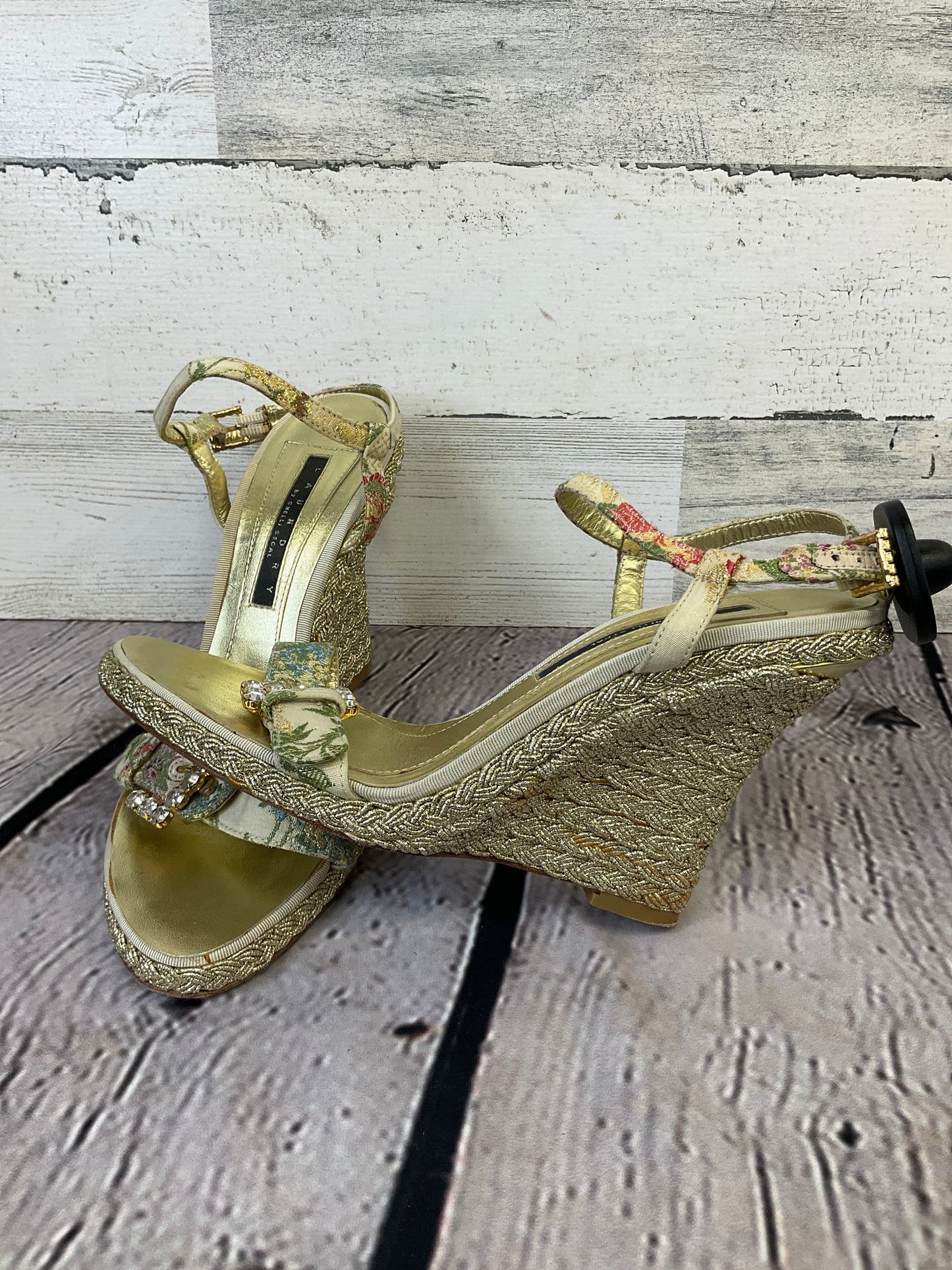 Gold Sandals Heels Wedge Shelli Segal, Size 8