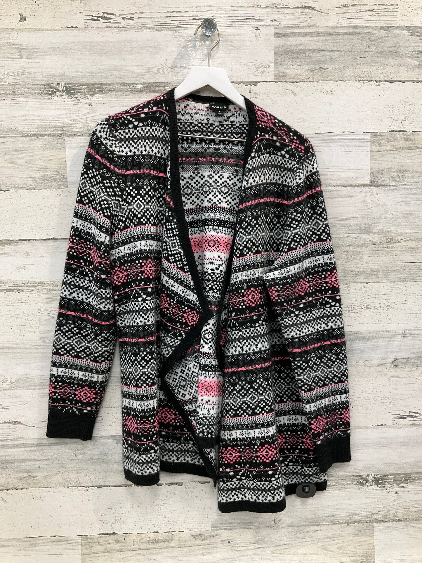 Sweater Cardigan By Torrid In Black & Pink, Size: 1x