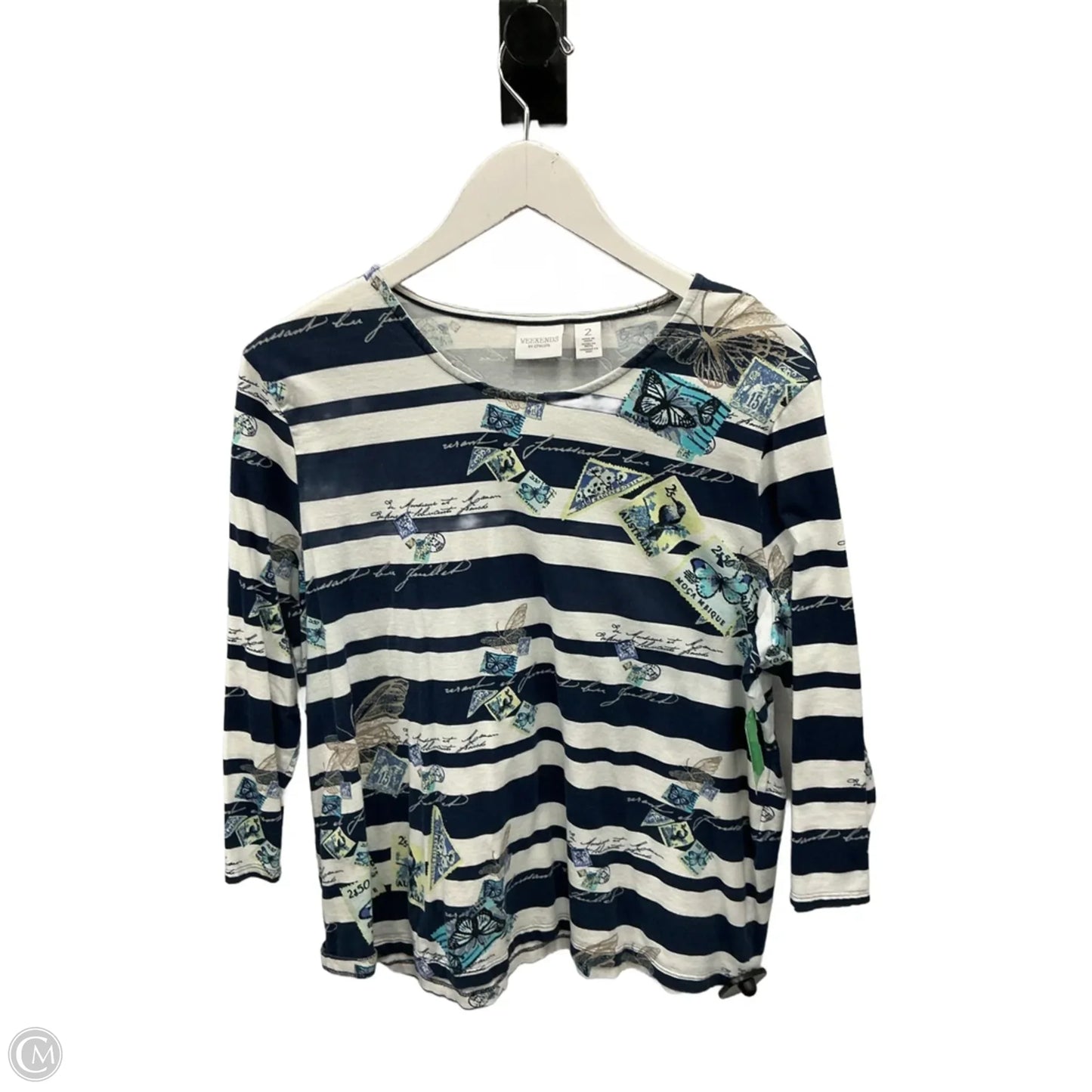 Top 3/4 Sleeve By Chicos In Blue & White, Size: L