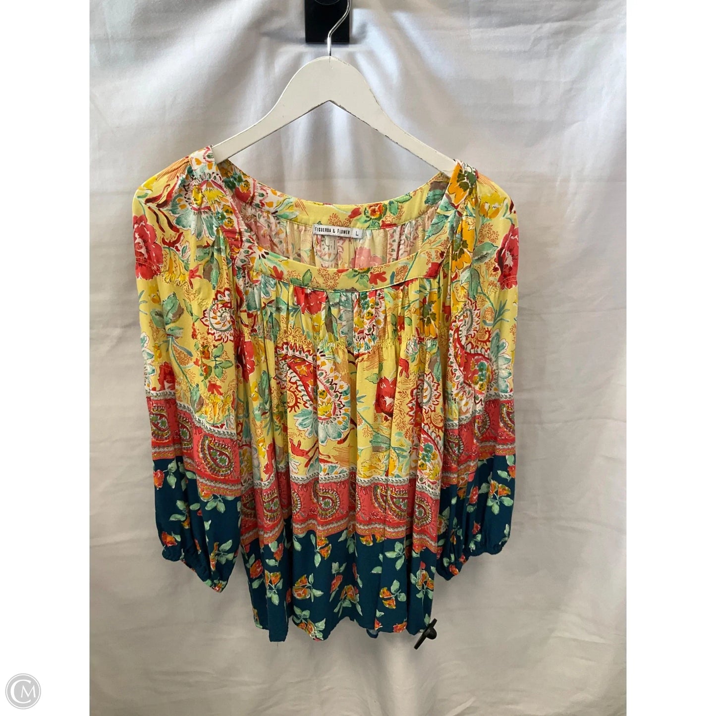 Top 3/4 Sleeve By Figuero & Flower In Blue & Yellow, Size: L
