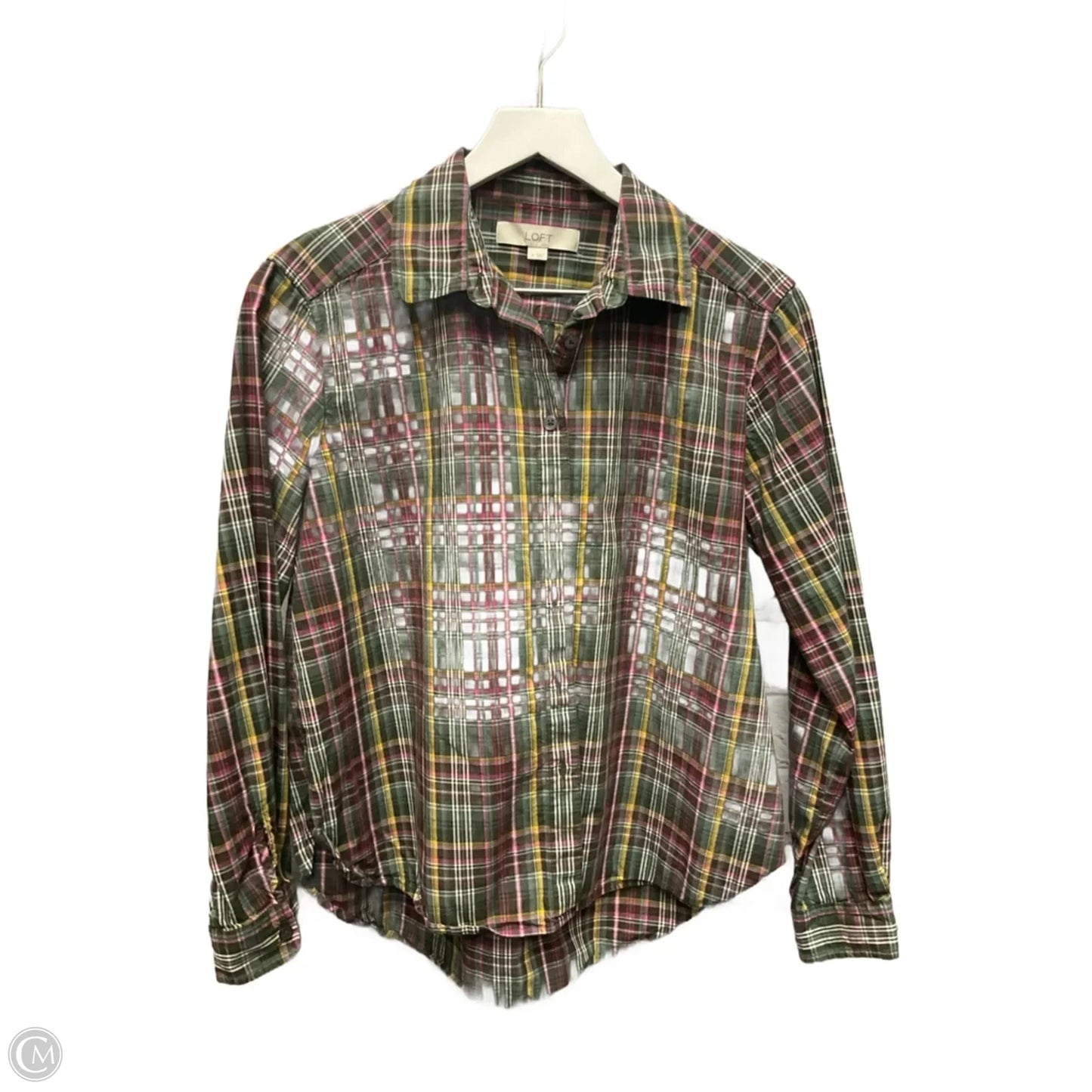 Top Long Sleeve By Loft In Plaid Pattern, Size: S