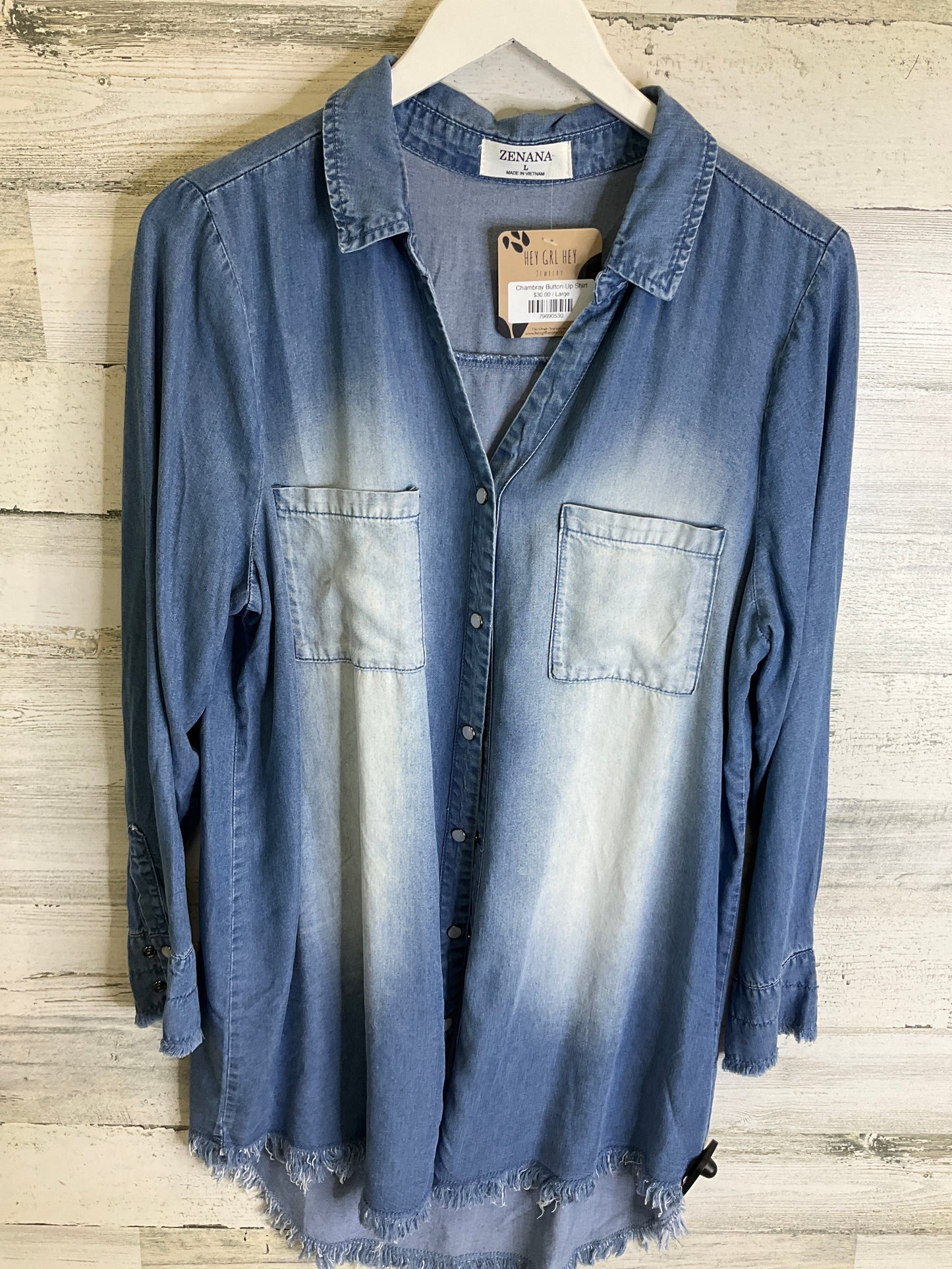 Top Long Sleeve By Zenana Outfitters In Blue Denim, Size: L