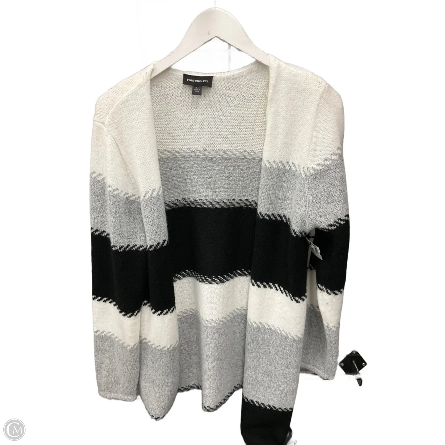Sweater Cardigan By Fortune & Ivy In Grey & White, Size: L