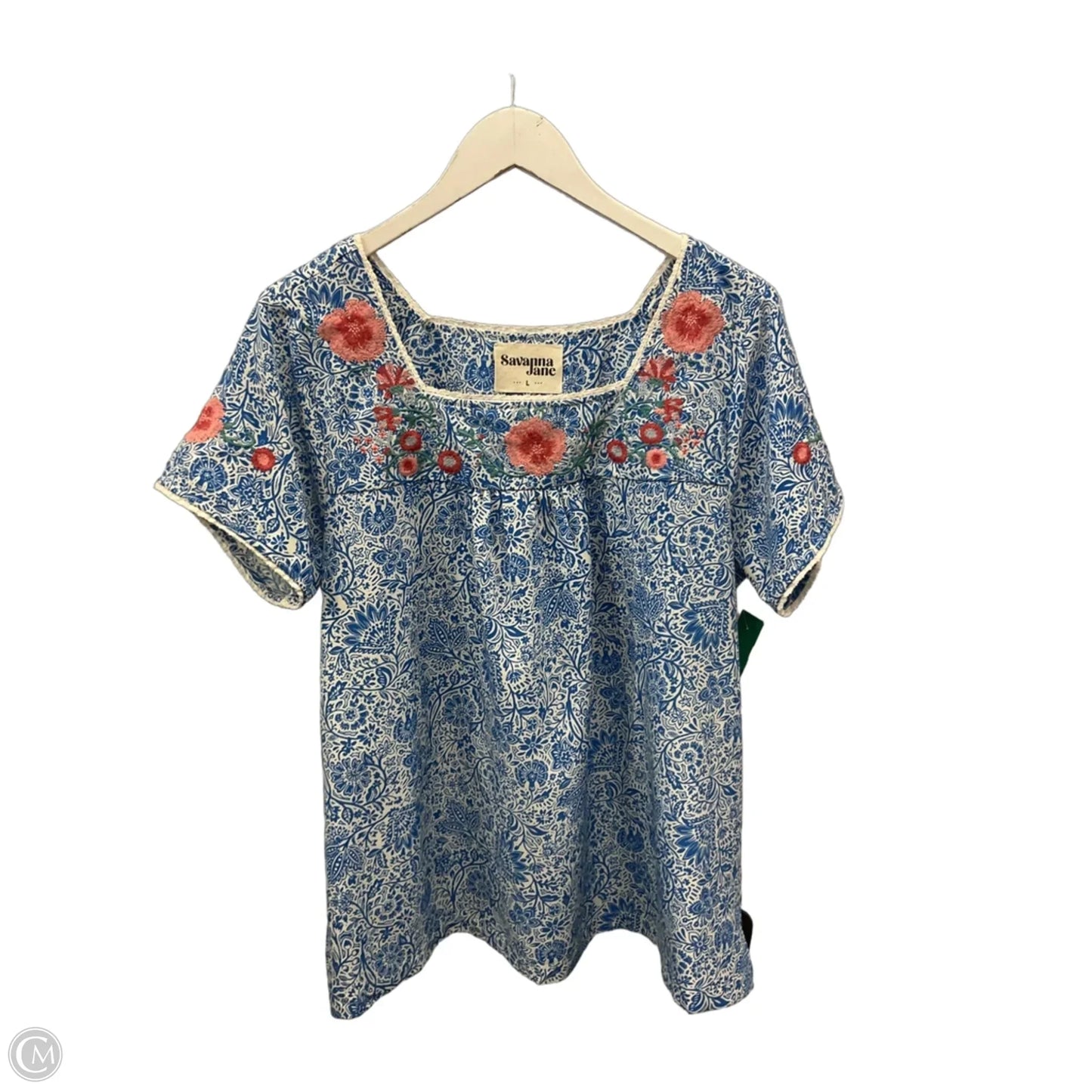 Top Short Sleeve By Savanna Jane In Blue, Size: L