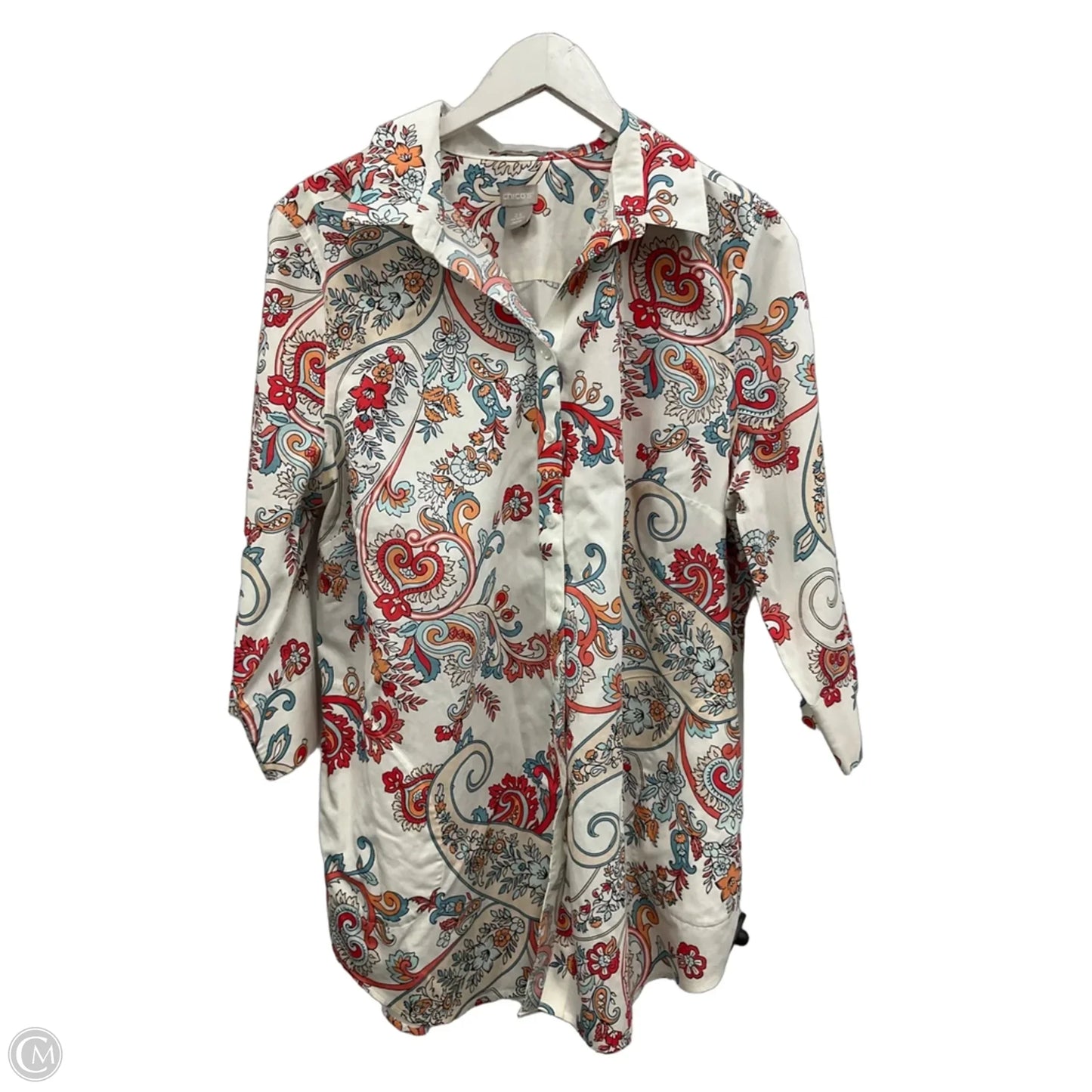 Top Long Sleeve By Chicos In Orange & White, Size: Lp