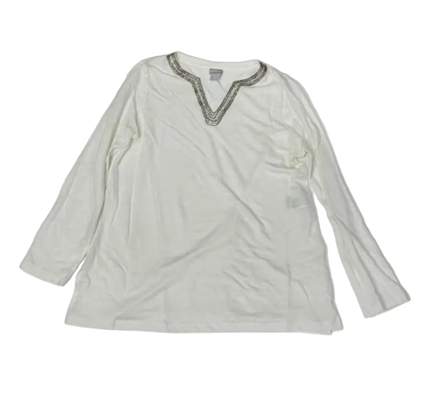 Top Long Sleeve By Chicos In Silver & White, Size: M