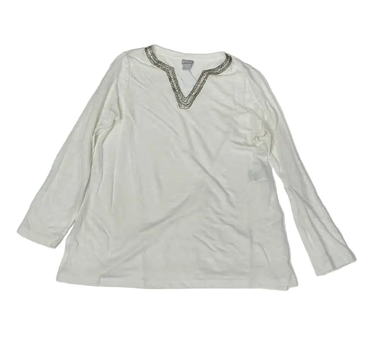 Top Long Sleeve By Chicos In Silver & White, Size: M