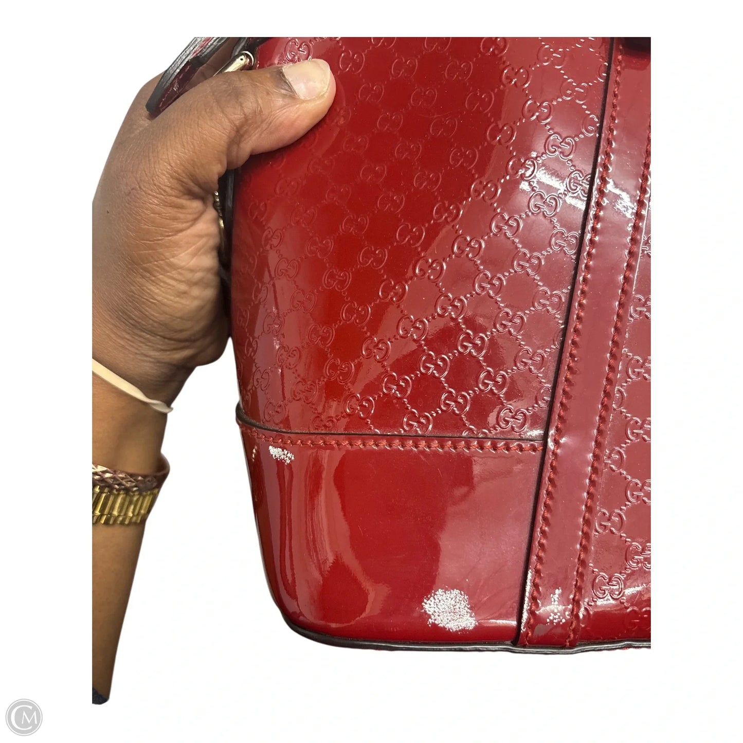 Handbag Luxury Designer By Gucci, Size: Large Patent Satchel