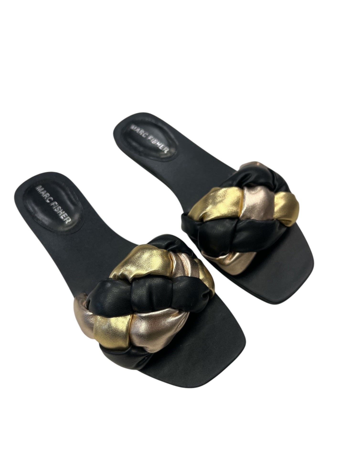 Sandals Flats By Marc Fisher In Black & Gold, Size: 6.5