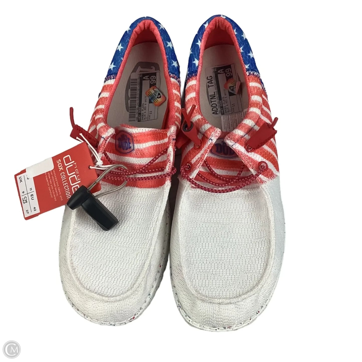 Shoes Flats By Hey Dude In Blue & Red & White, Size: 11