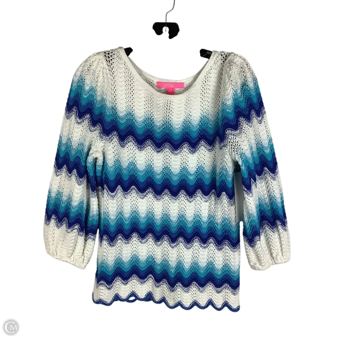 Sweater Cardigan Designer By Lilly Pulitzer In Blue & White, Size: L