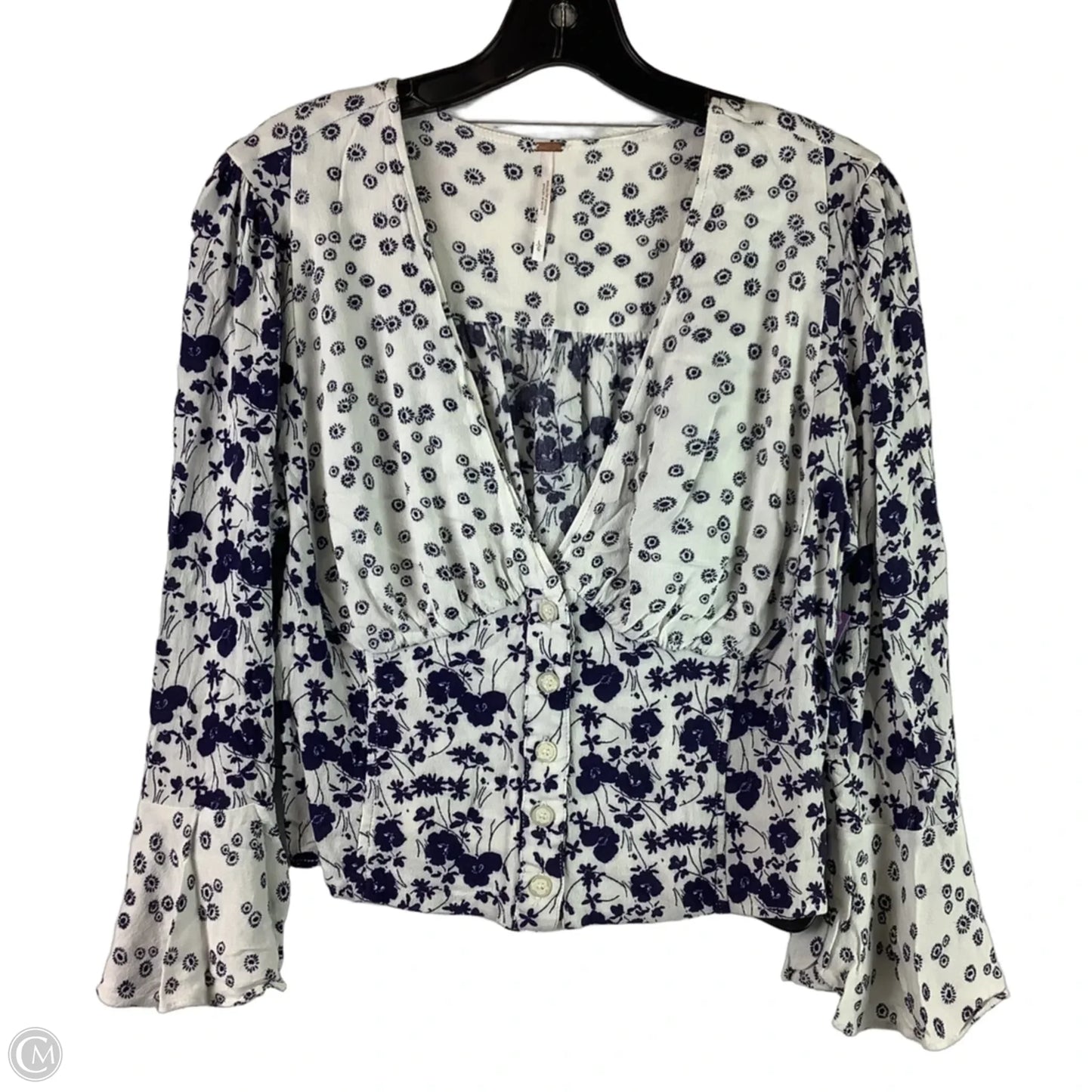 Top Long Sleeve By Free People In Blue & White, Size: L