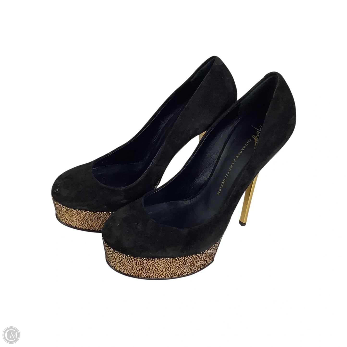 Shoes Designer By Giuseppe Zanotti In Black & Gold, Size: 36.5