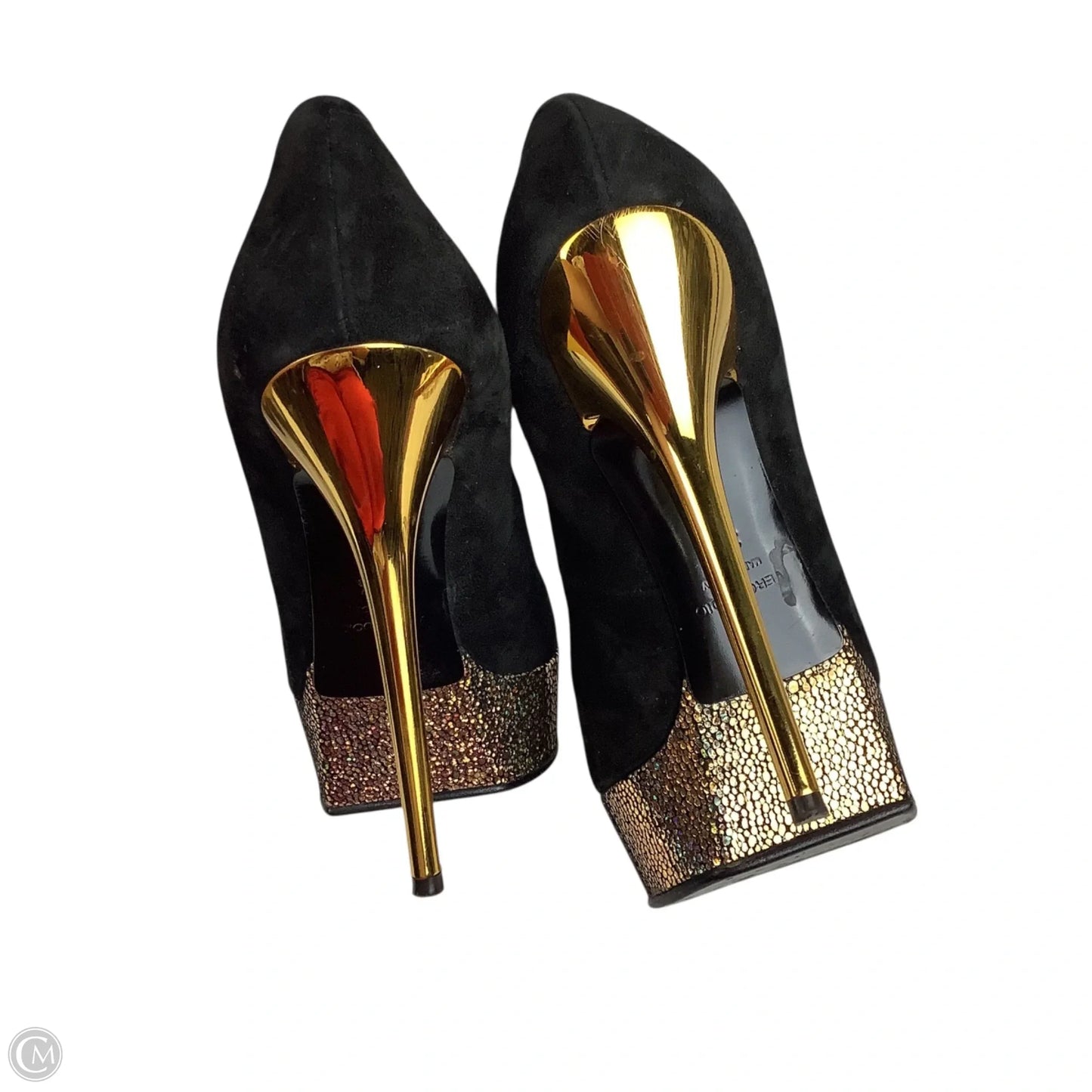 Shoes Designer By Giuseppe Zanotti In Black & Gold, Size: 36.5