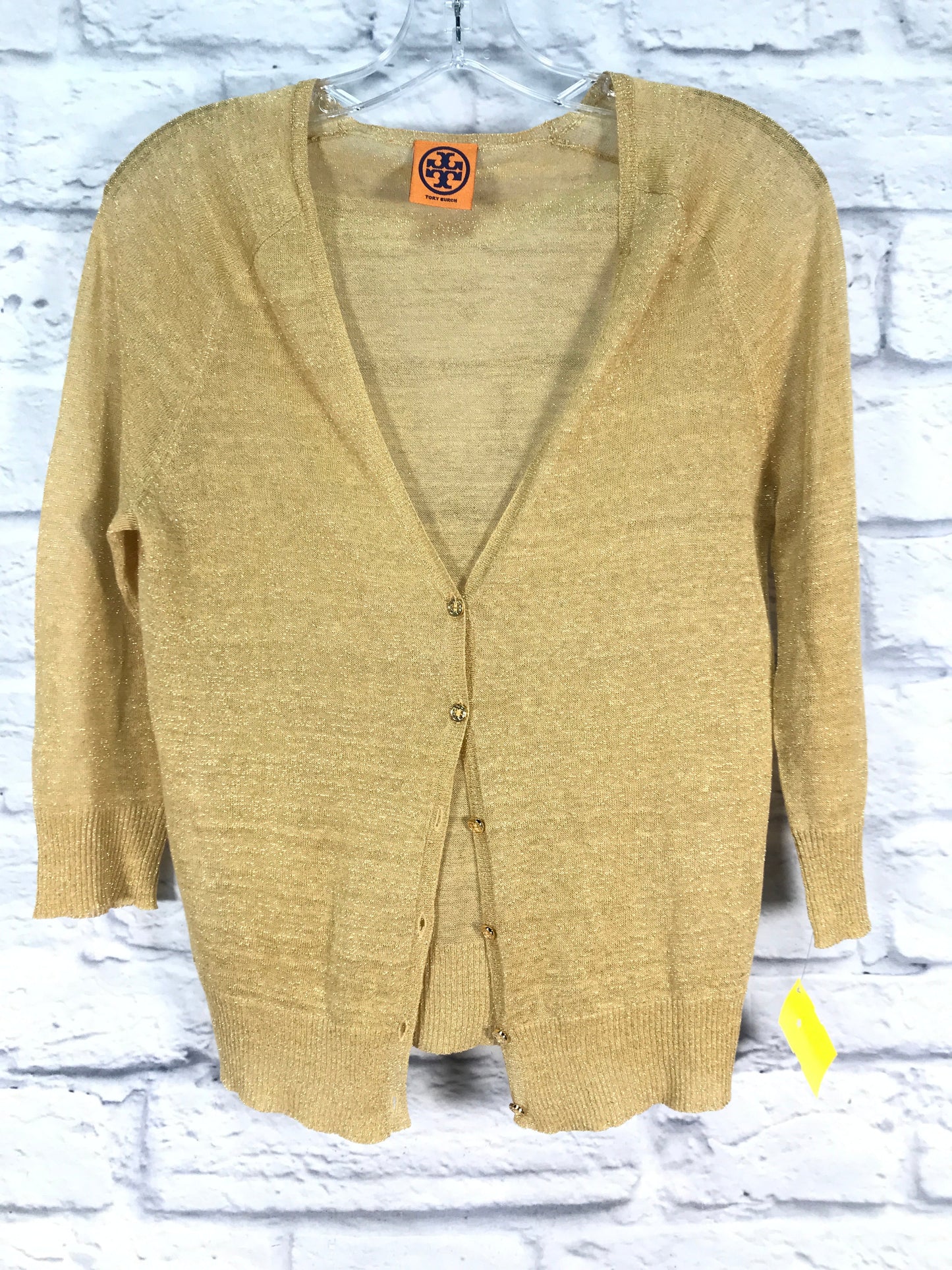 Sweater Cardigan Designer By Tory Burch In Gold, Size: S