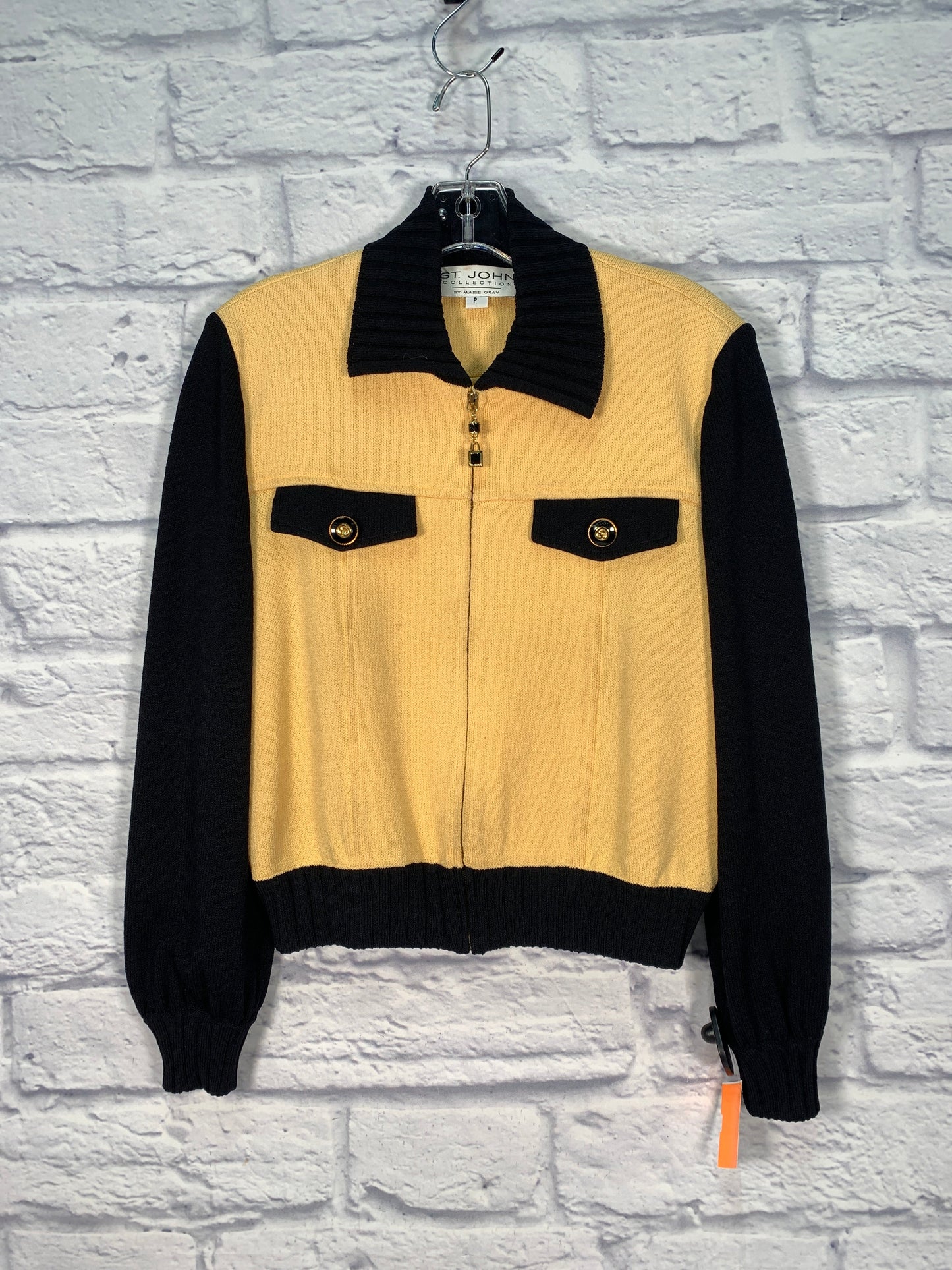 Jacket Luxury Designer By St John Collection In Black & Yellow, Size: S