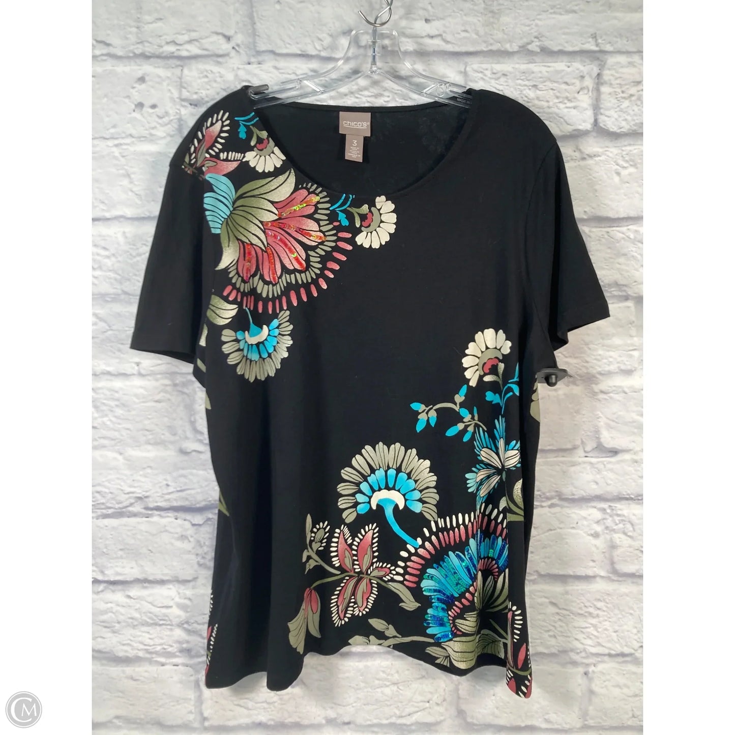 Top Short Sleeve By Chicos In Black & Blue, Size: Xl