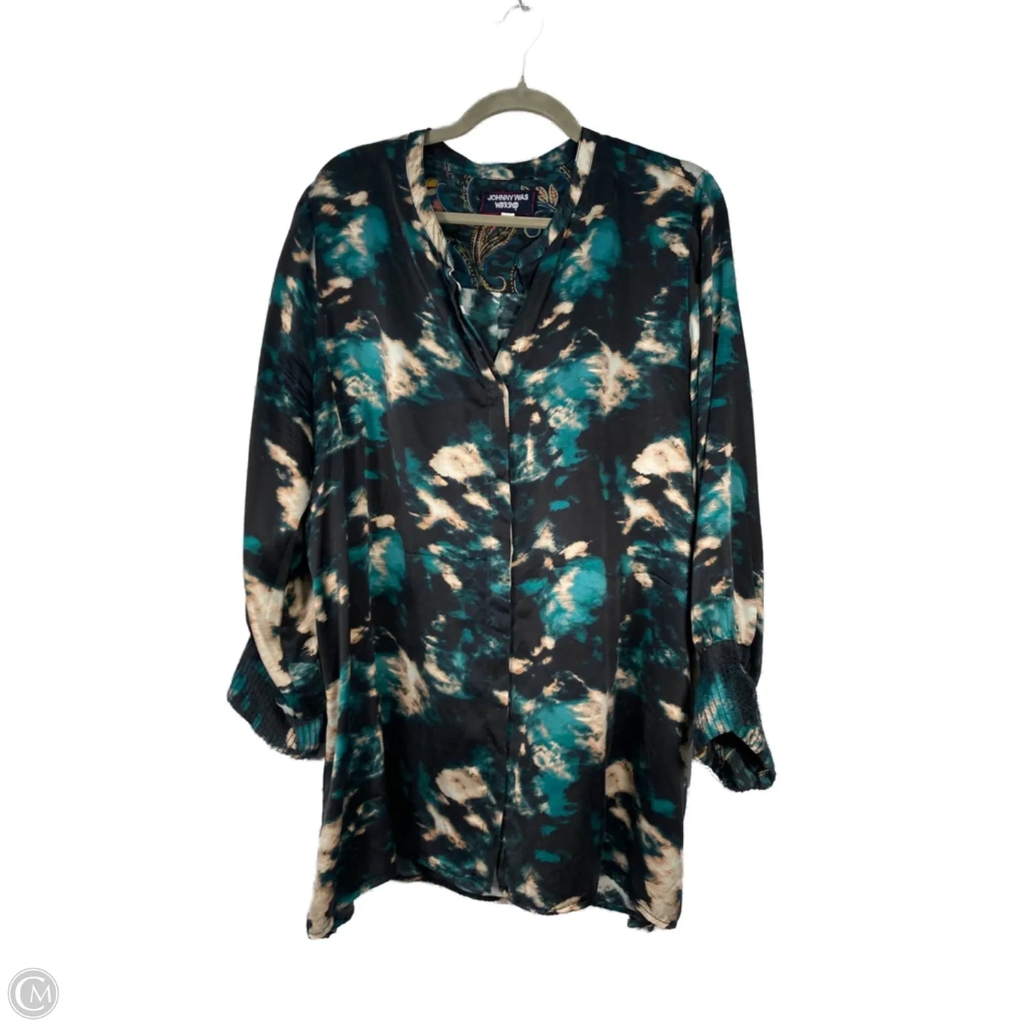 Tunic Long Sleeve By Johnny Was In Black & Green, 100% Silk Size: Xl