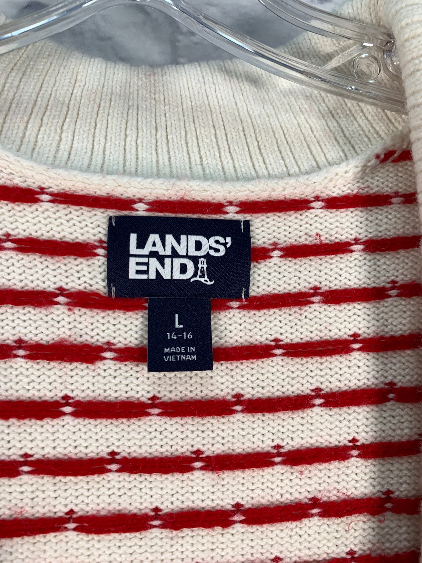 Sweater Cardigan By Lands End In Red & Tan, Size: L