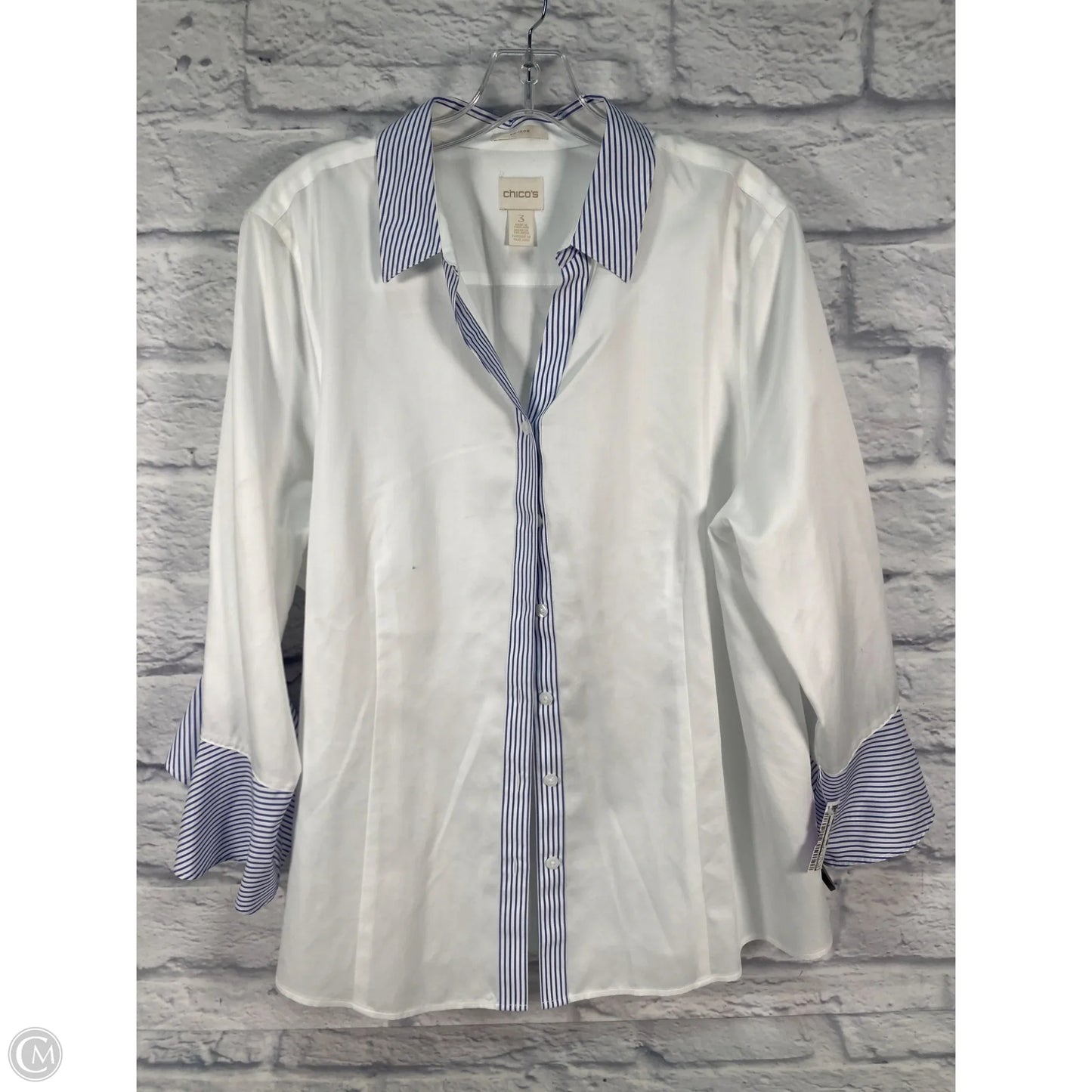 Top 3/4 Sleeve By Chicos In Blue & White, Size: Xl