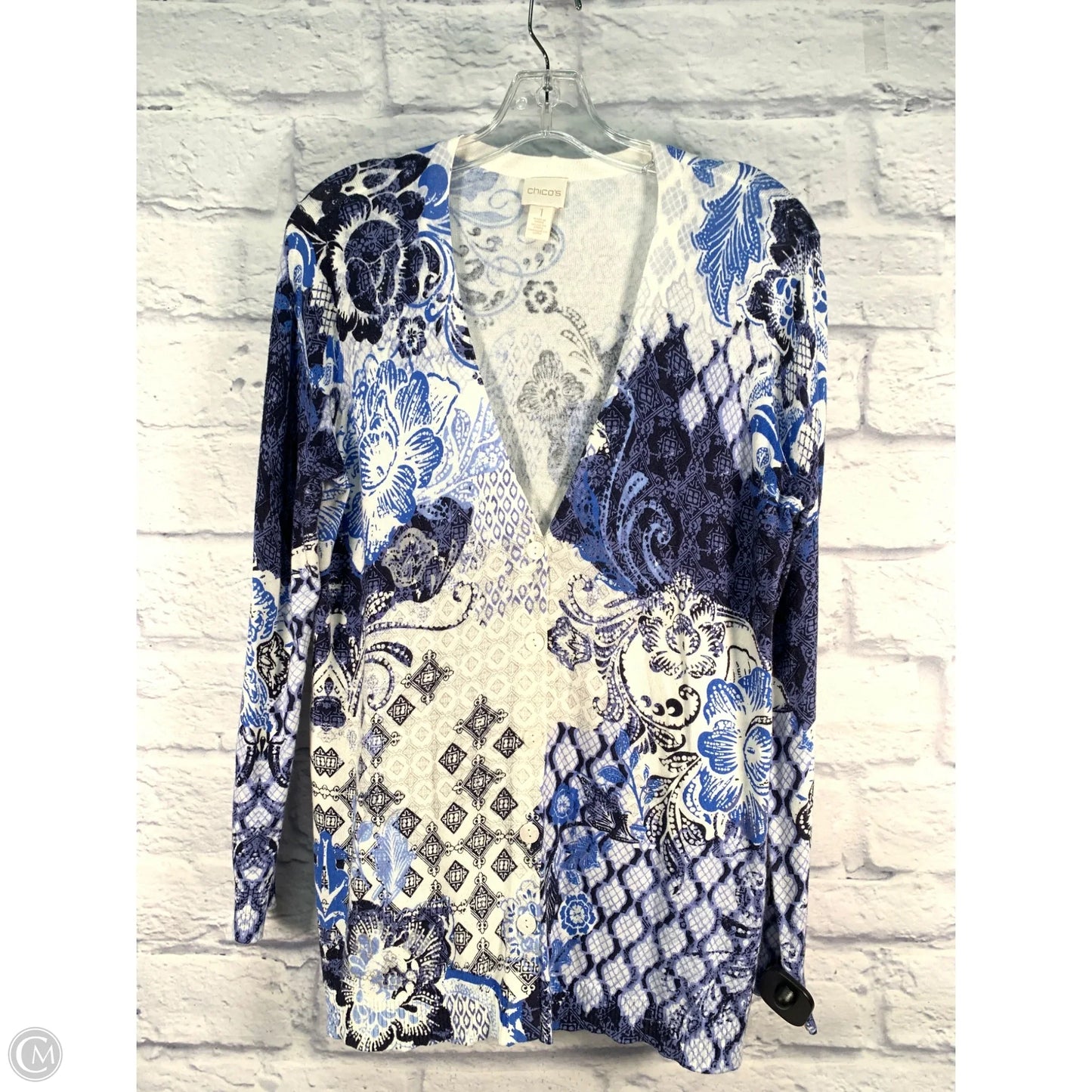 Sweater Cardigan By Chicos In Blue & White, Size: M