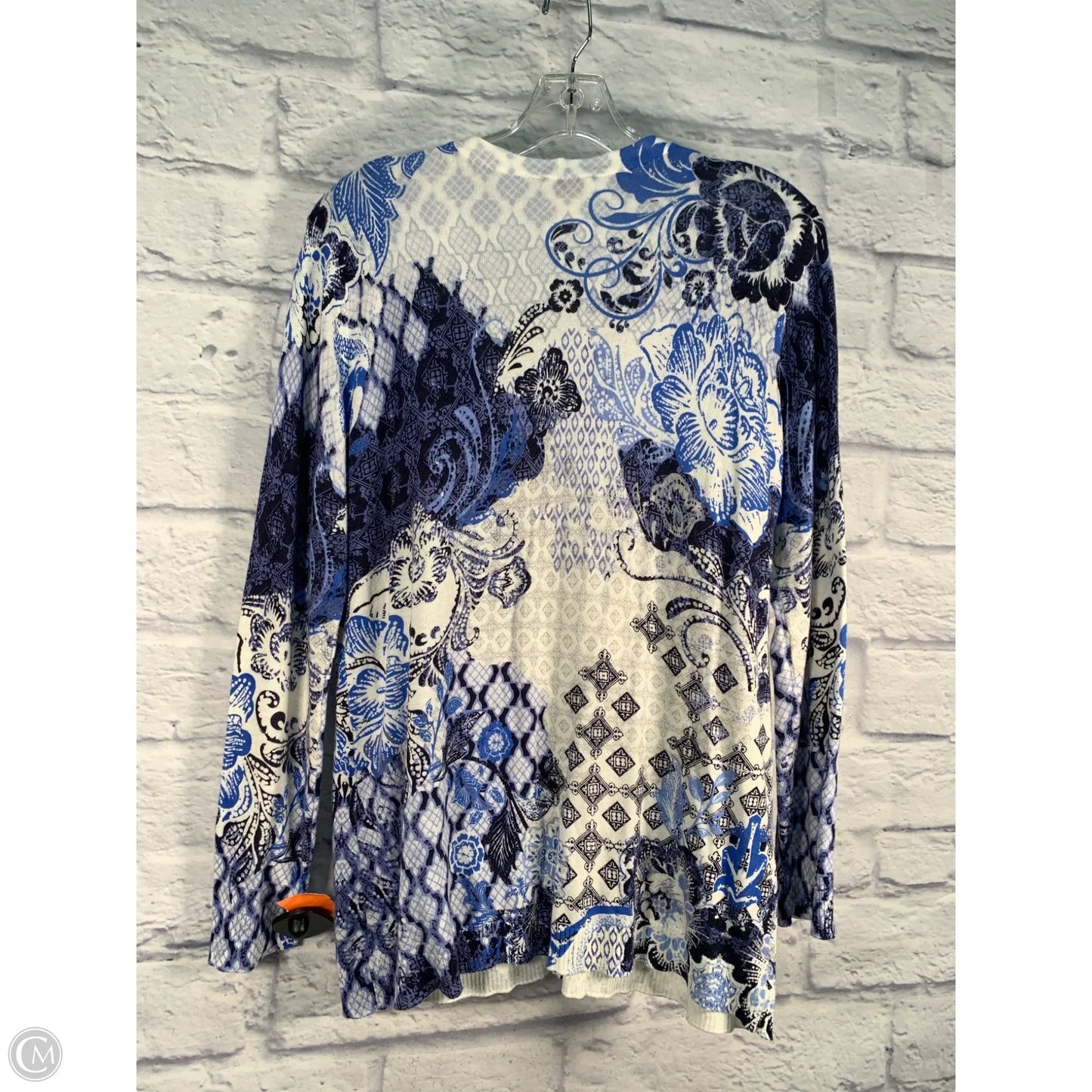 Sweater Cardigan By Chicos In Blue & White, Size: M