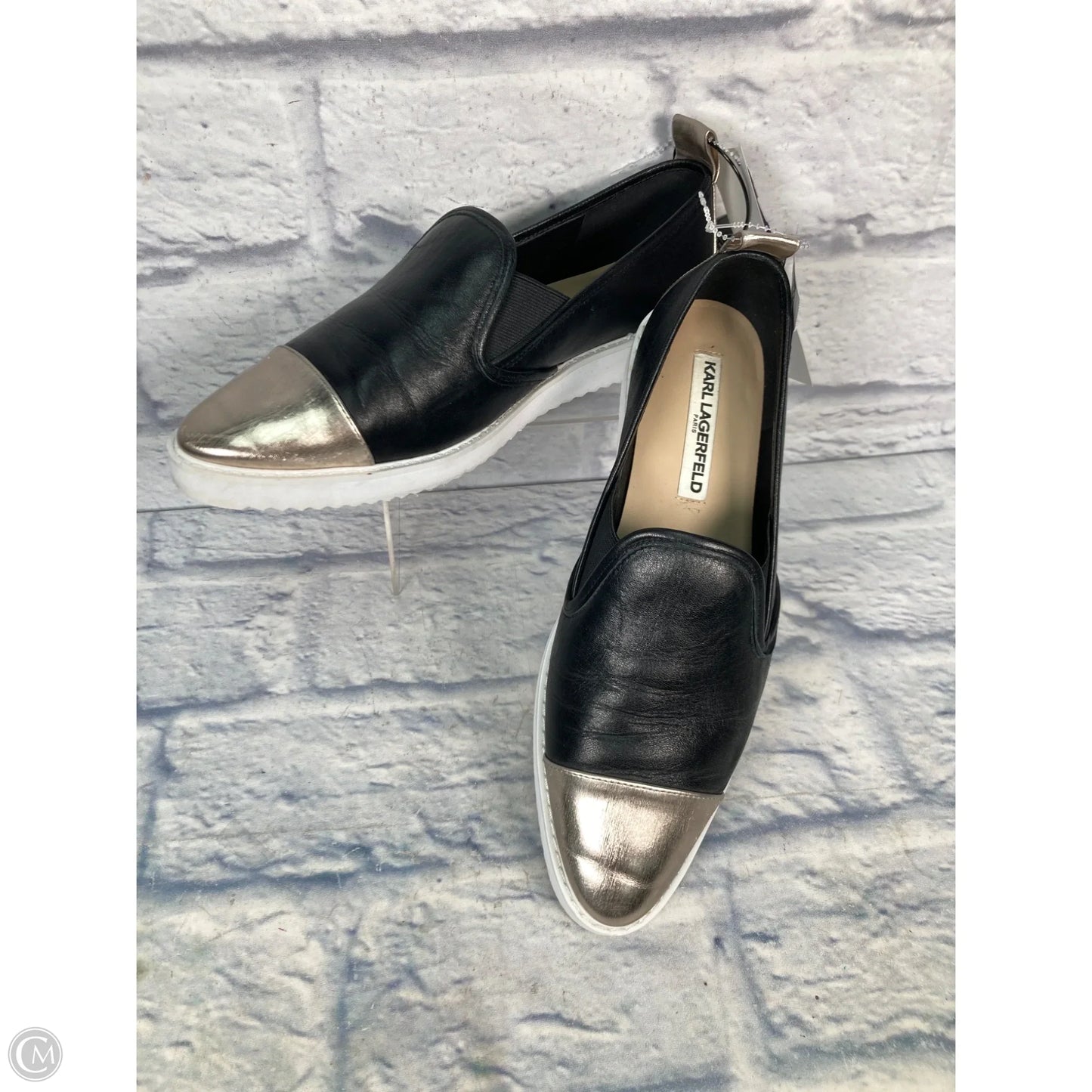 Shoes Designer By Karl Lagerfeld In Black & Silver, Size: 9