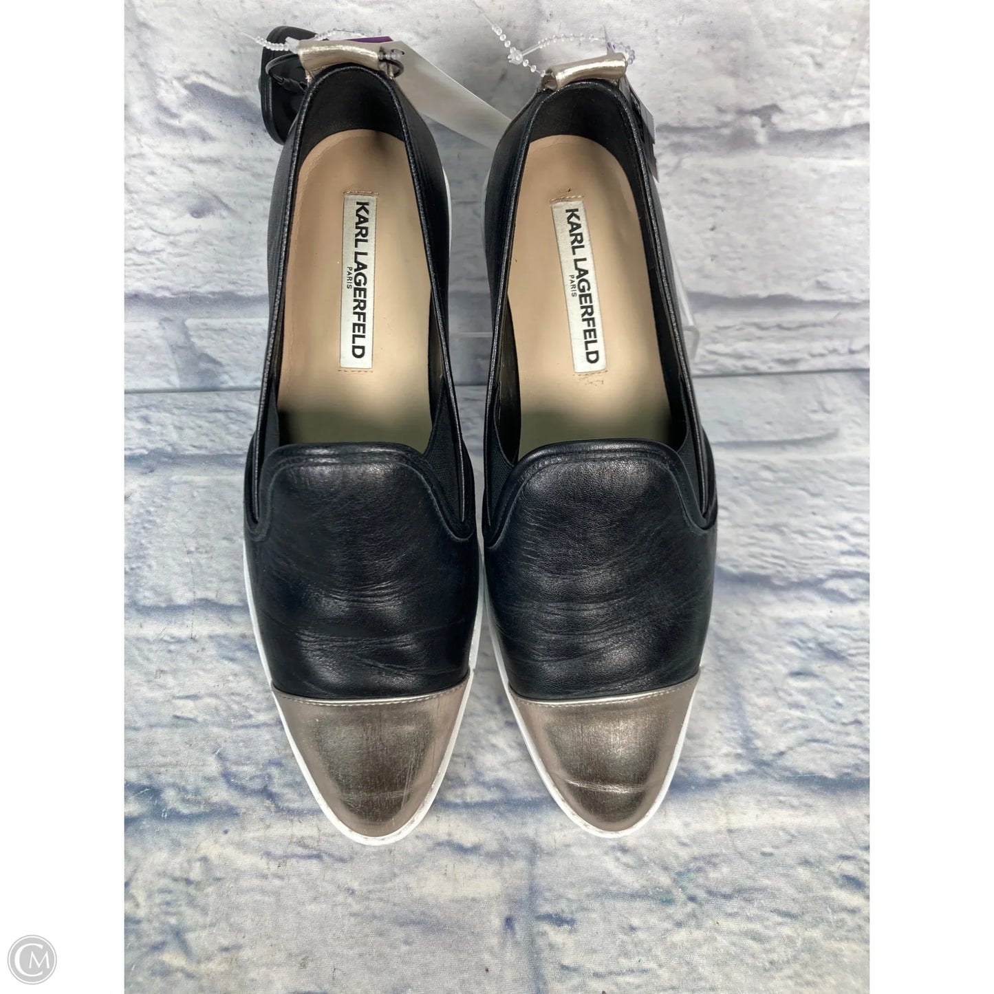 Shoes Designer By Karl Lagerfeld In Black & Silver, Size: 9