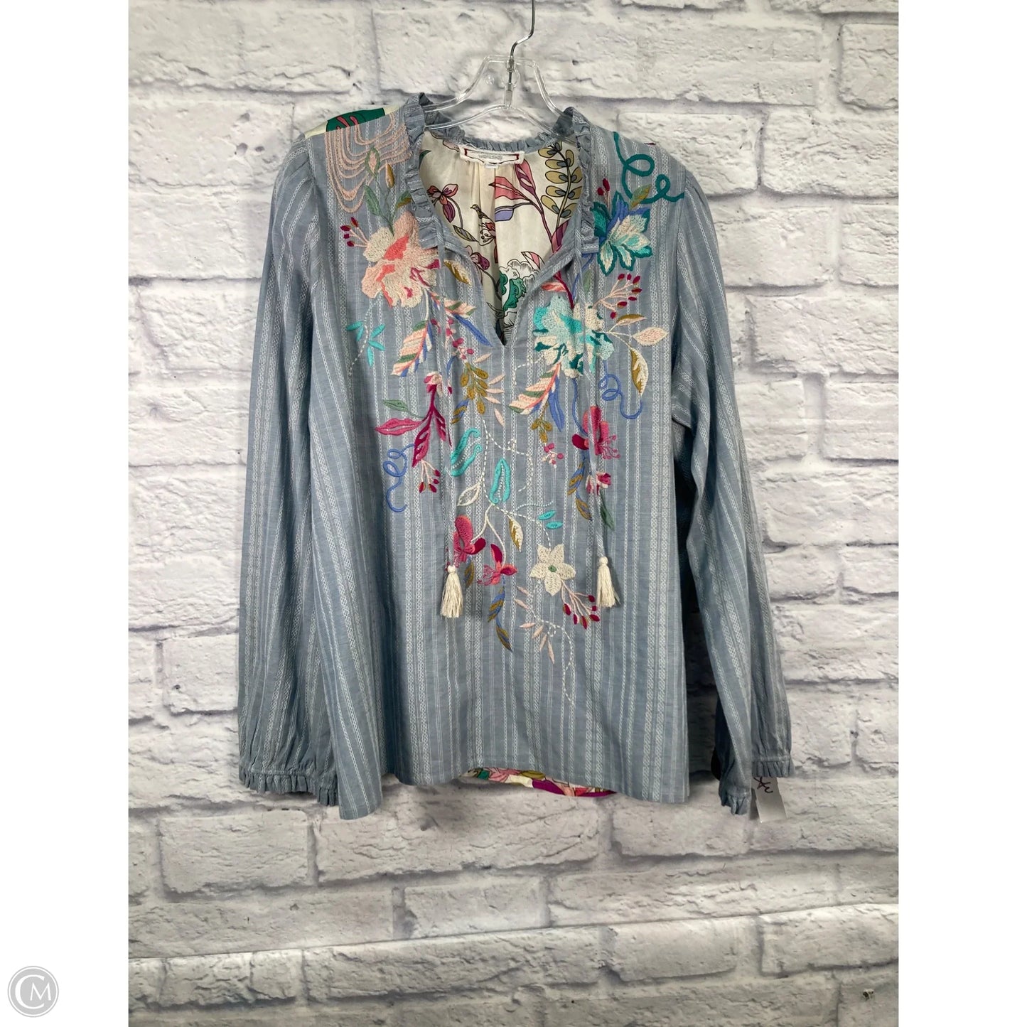 Blouse Designer By Johnny Was In Blue & Tan, Size: L