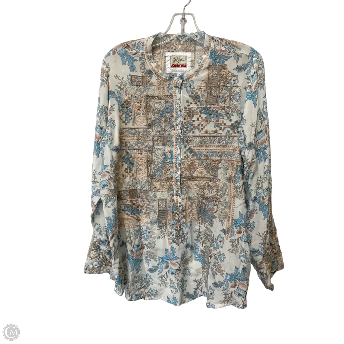 Top Long Sleeve By Johnny Was In Blue & Cream, Size: M