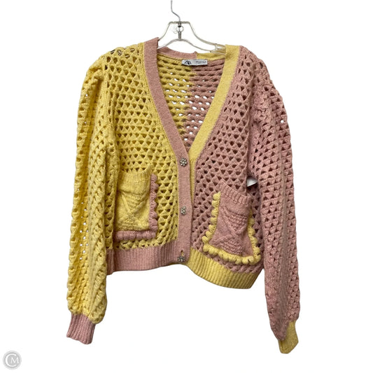 Sweater Cardigan By Zara In Pink & Yellow, Size: M